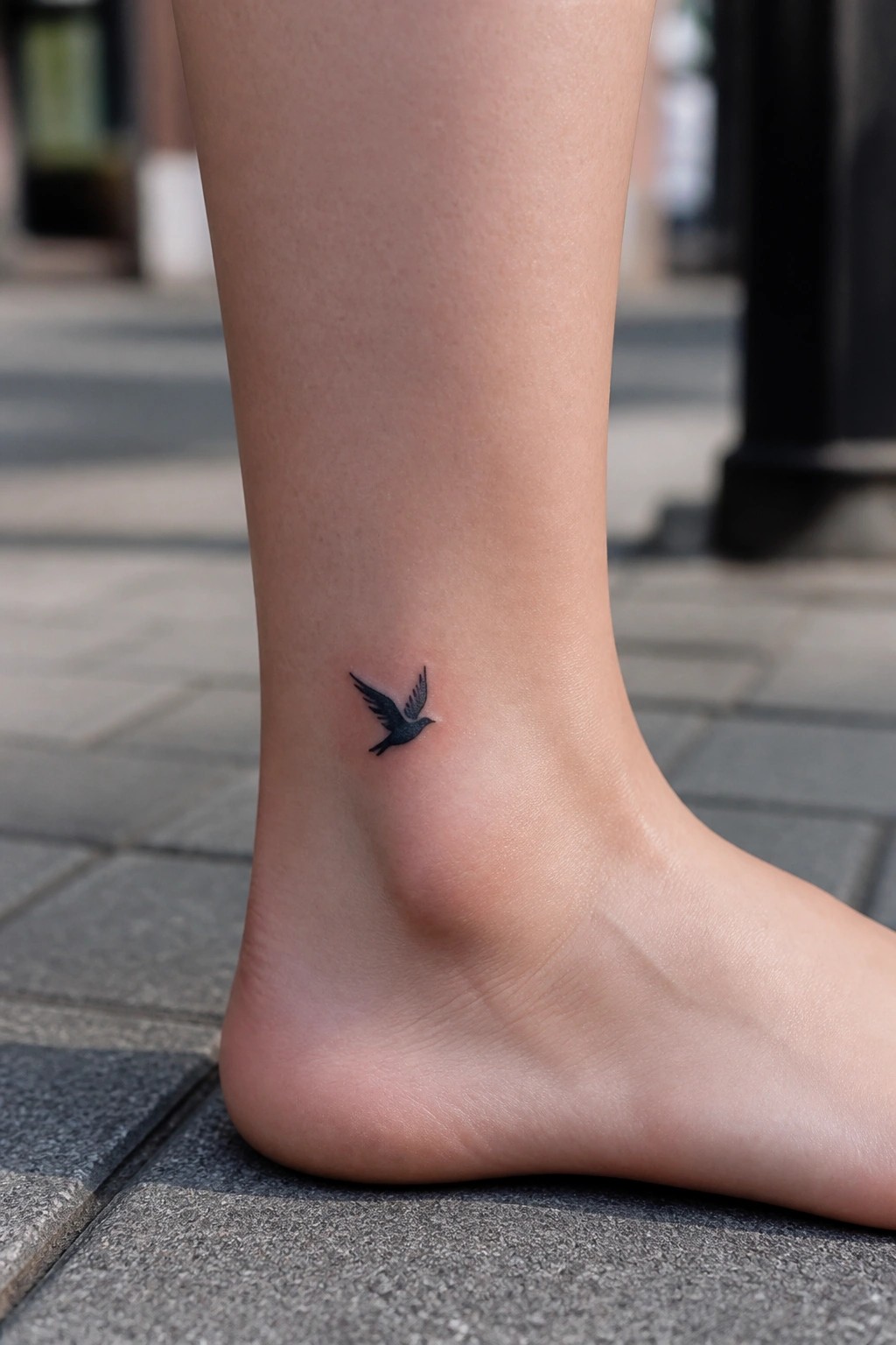 Small black bird tattoo in flight on the outer ankle of a bare foot