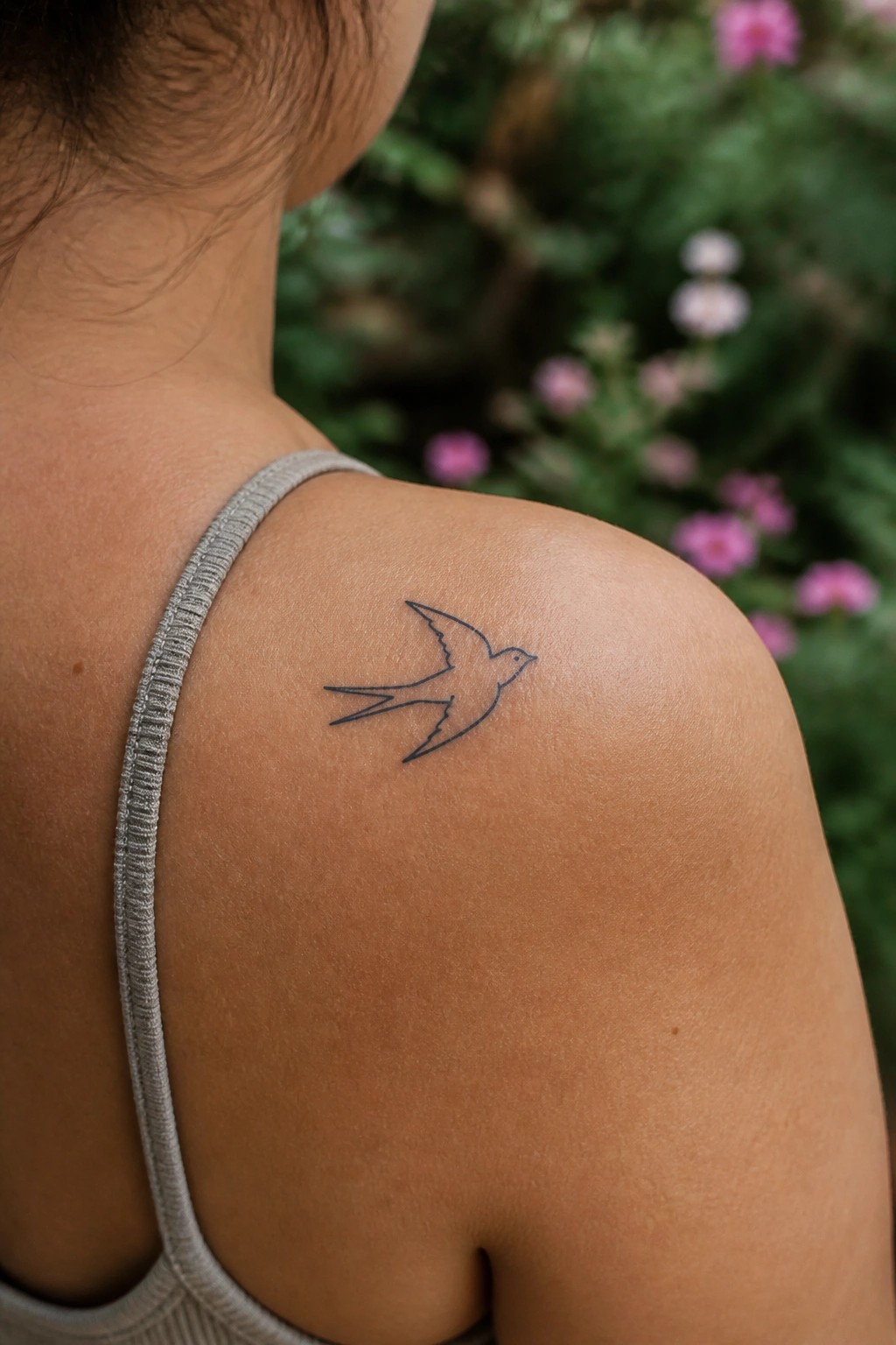 Small swallow tattoo on shoulder beside gray tank top strap amid blurred pink flowers