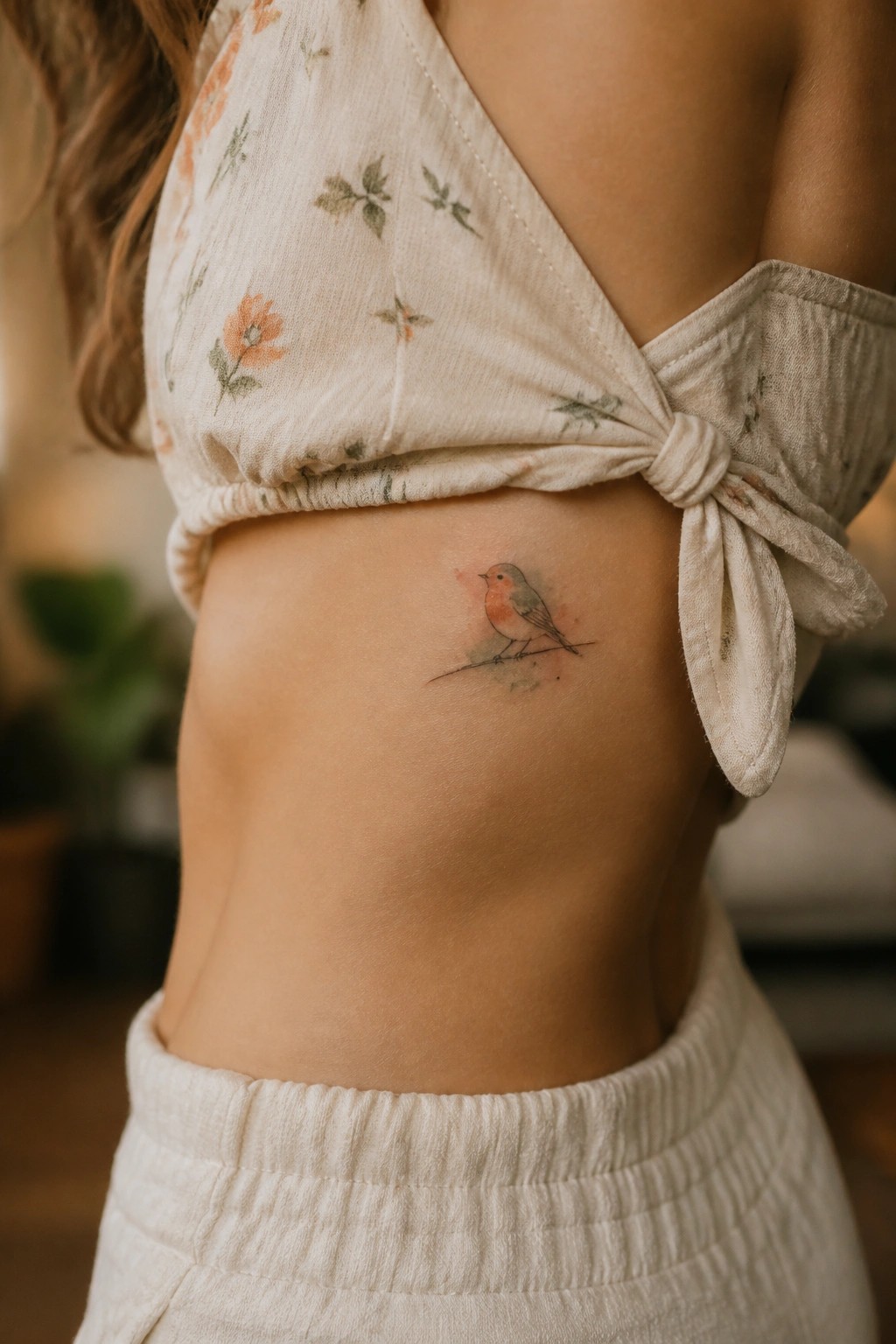 Small bird tattoo on side beneath tied floral crop top and white waistband