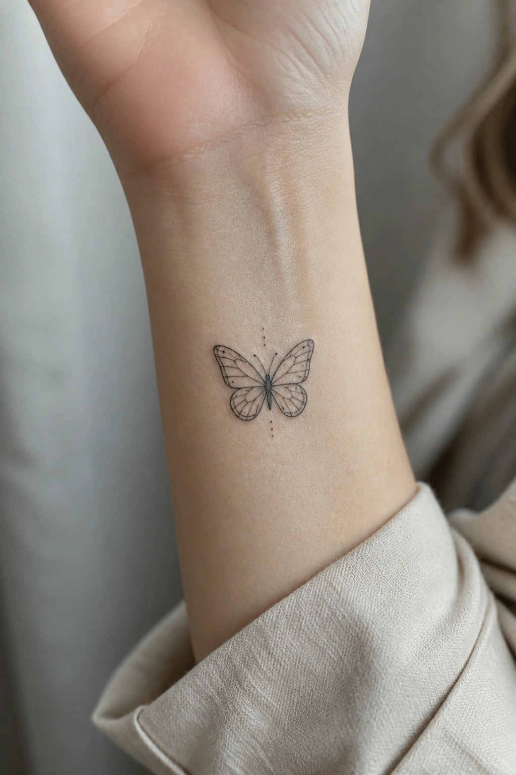 Delicate black butterfly tattoo on wrist above light beige sleeve cuff