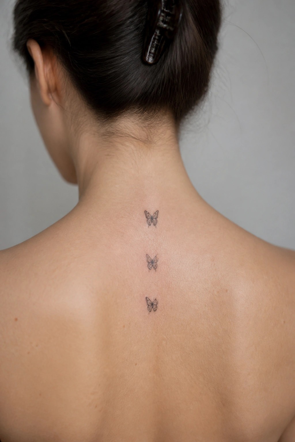 Three small butterfly tattoos vertically aligned on bare upper back below dark bun