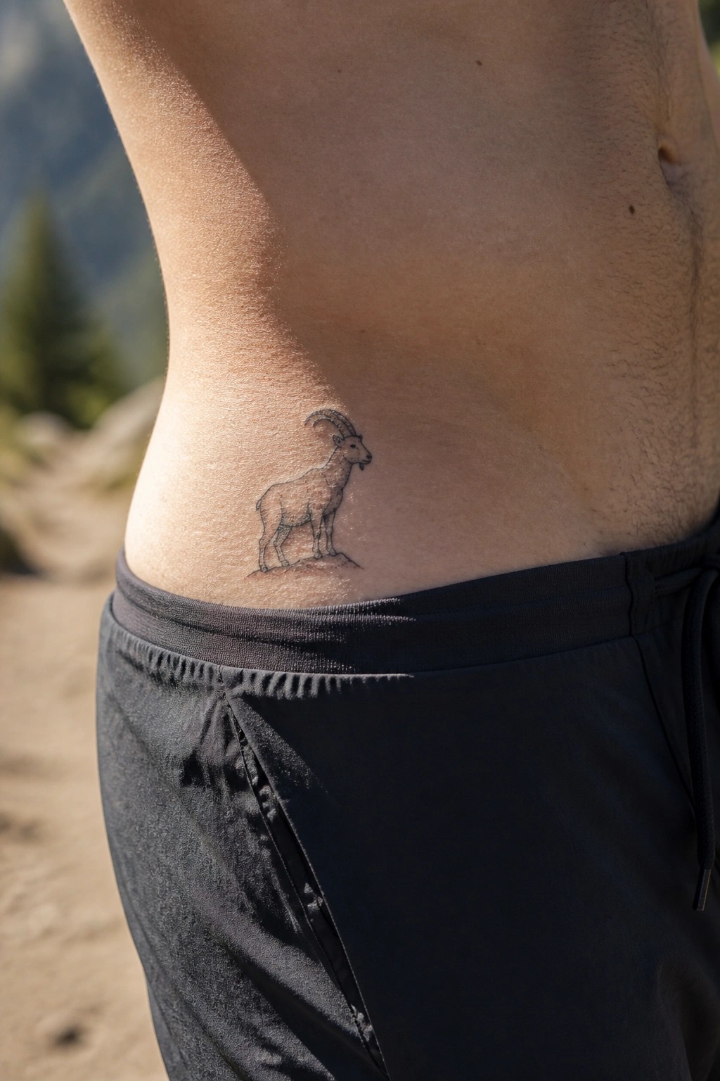 Fine line goat tattoo on the side of a man's torso above the waistband