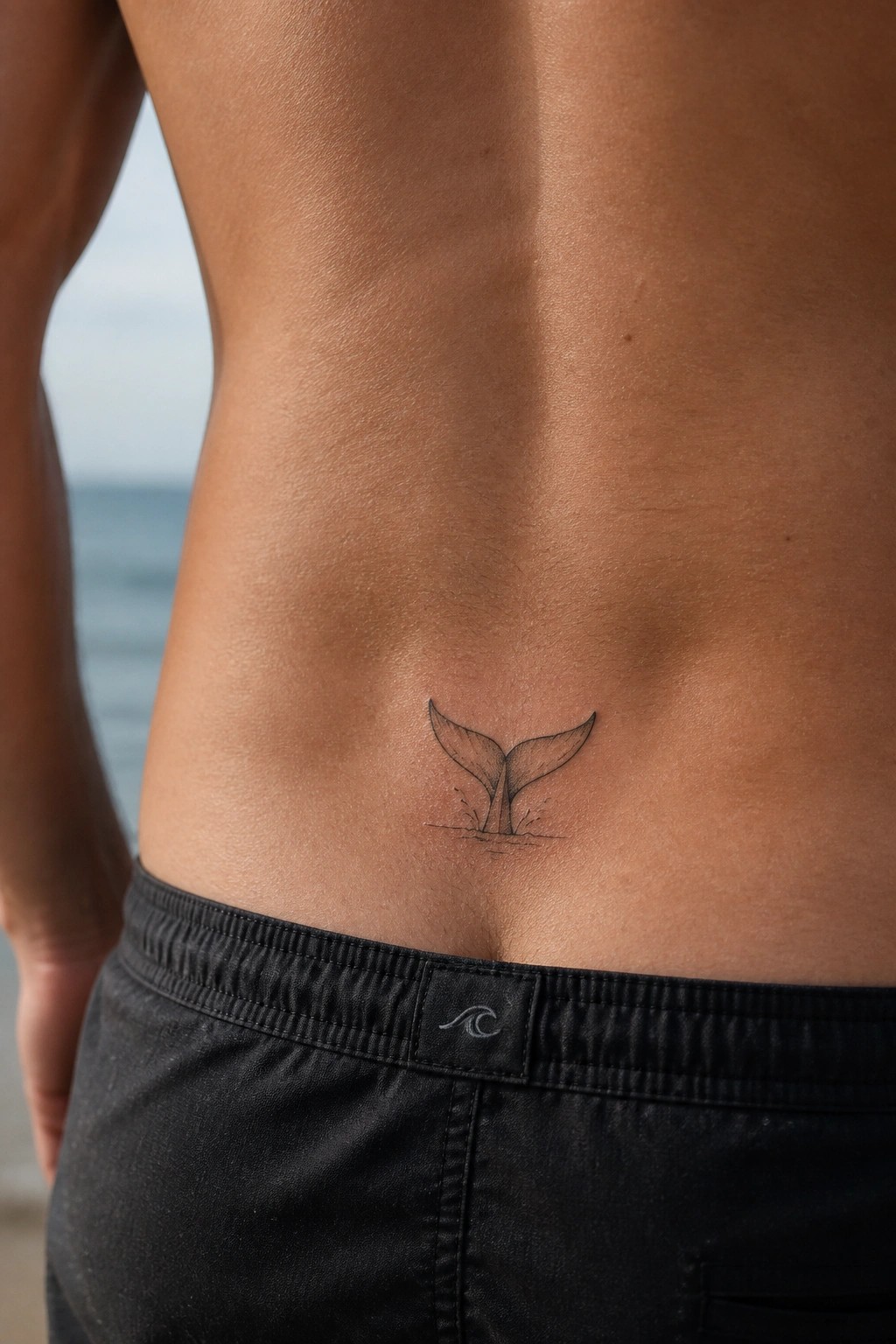 Tanned lower back with whale tail tattoo above black swim trunks near ocean