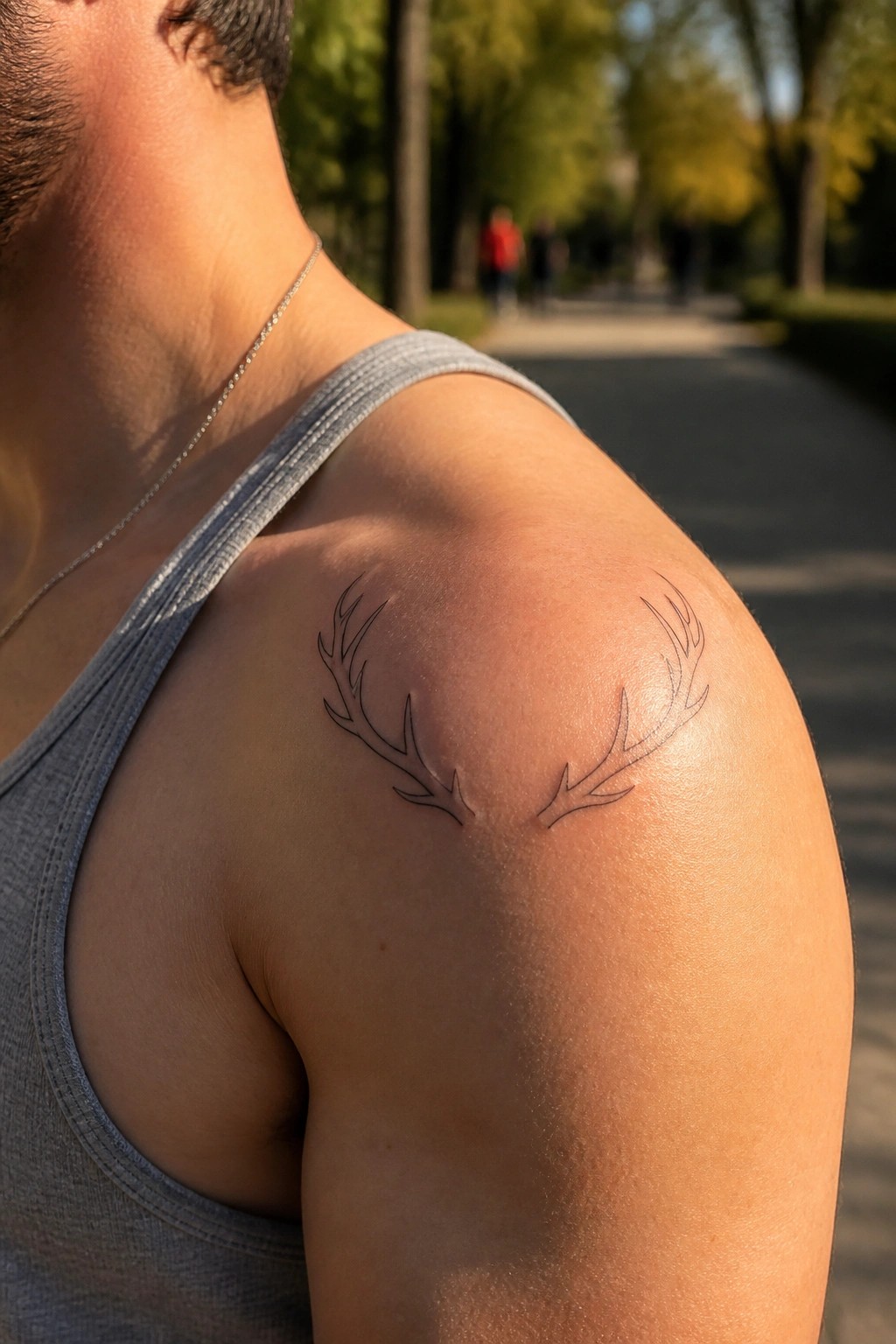 Man's shoulder with black antler tattoo under gray tank top strap in sunlight