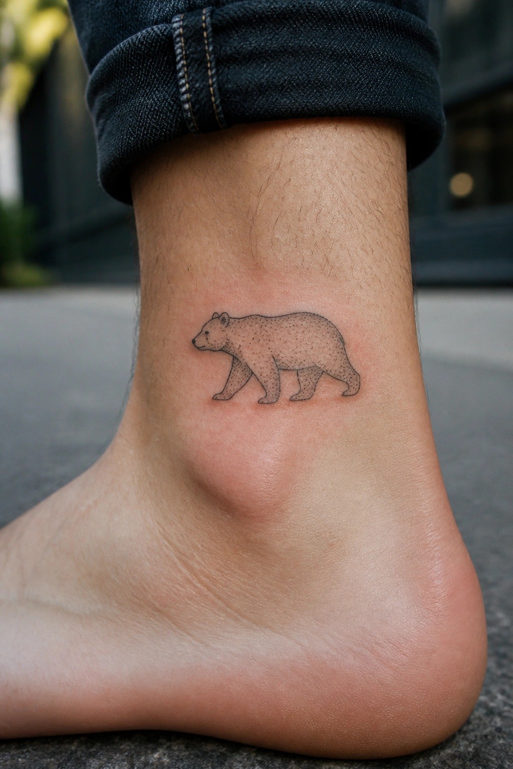 Small fine line walking bear tattoo on the ankle with light dot shading
