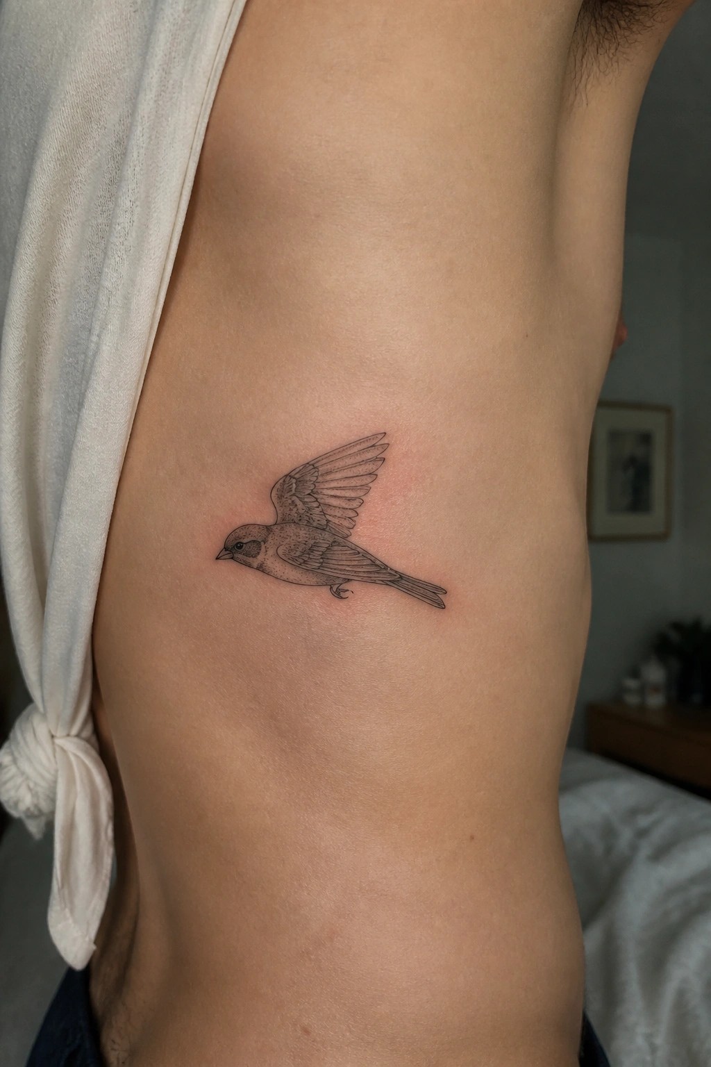 Fine line tattoo of a small bird in flight on the side of the torso