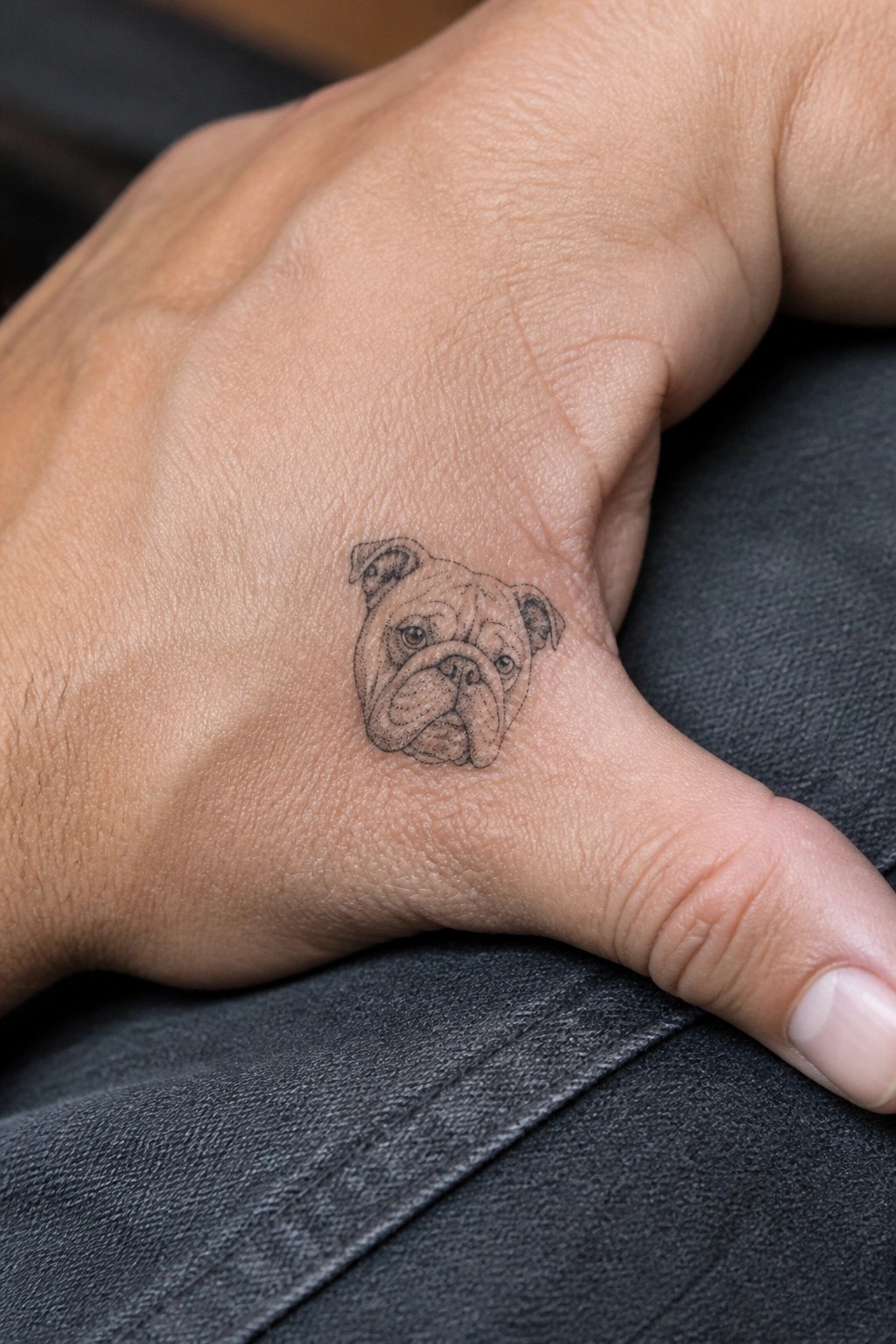 Small fine line bulldog head tattoo on the back of a hand near the thumb.
