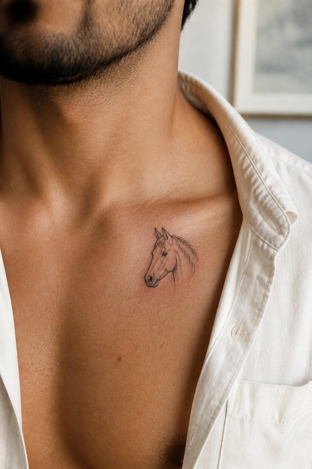 Man's chest with small horse head tattoo, open white collared shirt.
