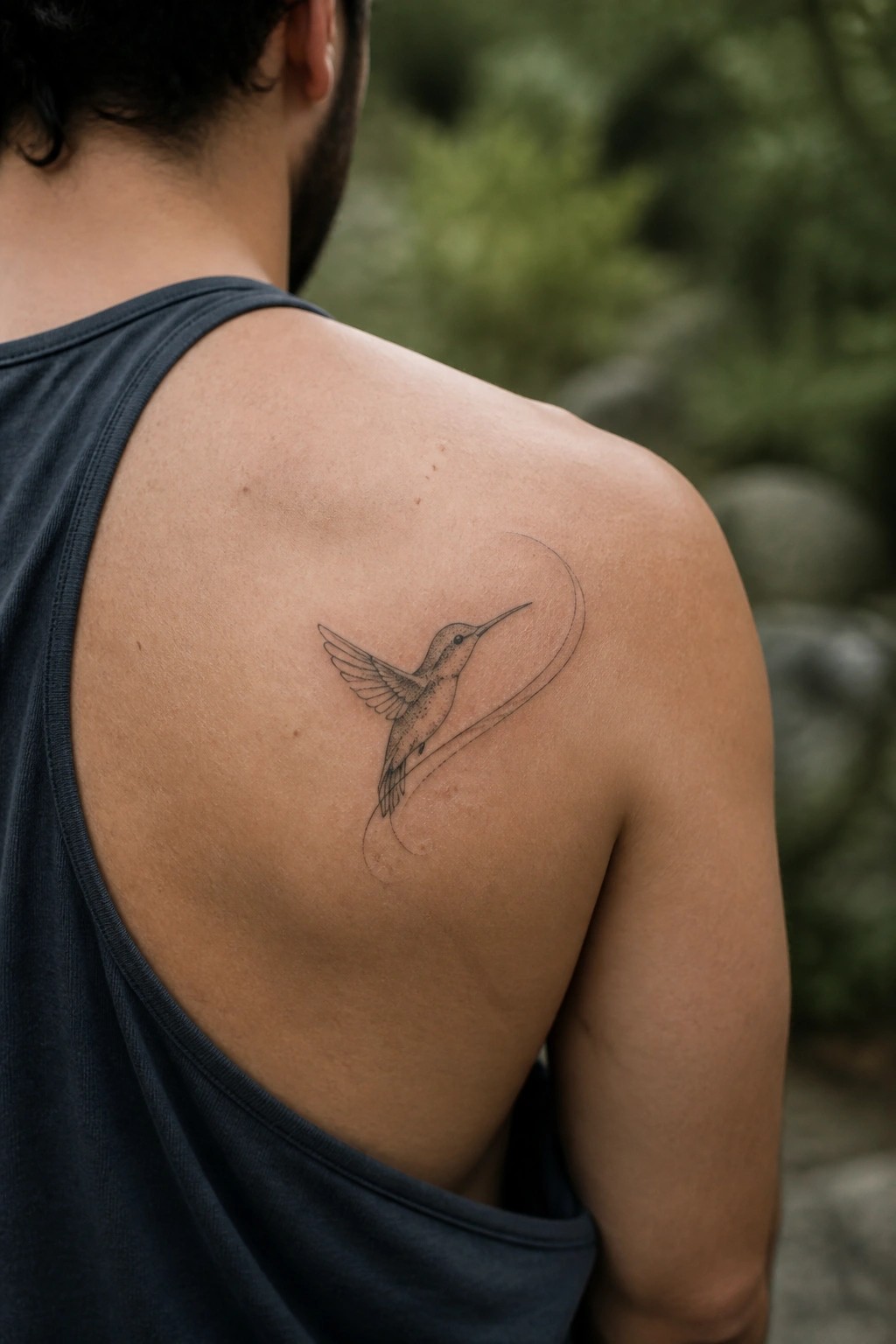Hummingbird tattoo on man's shoulder above black tank top in blurred greenery