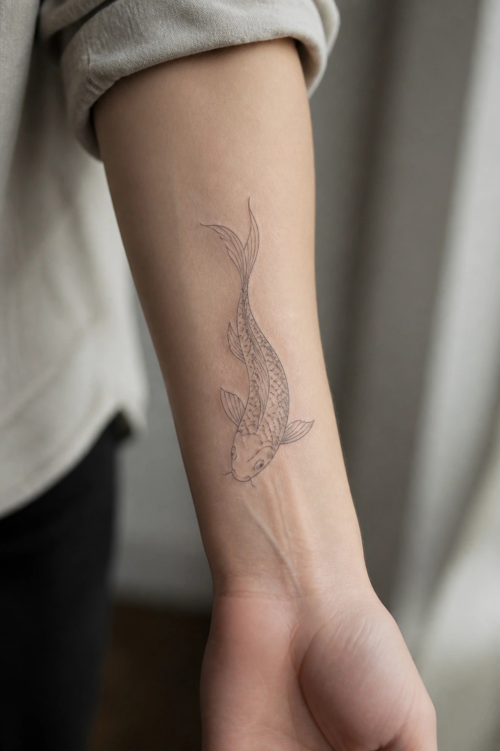 Fine line koi fish tattoo on the inner forearm with vertical orientation and minimal shading on the scales and fins