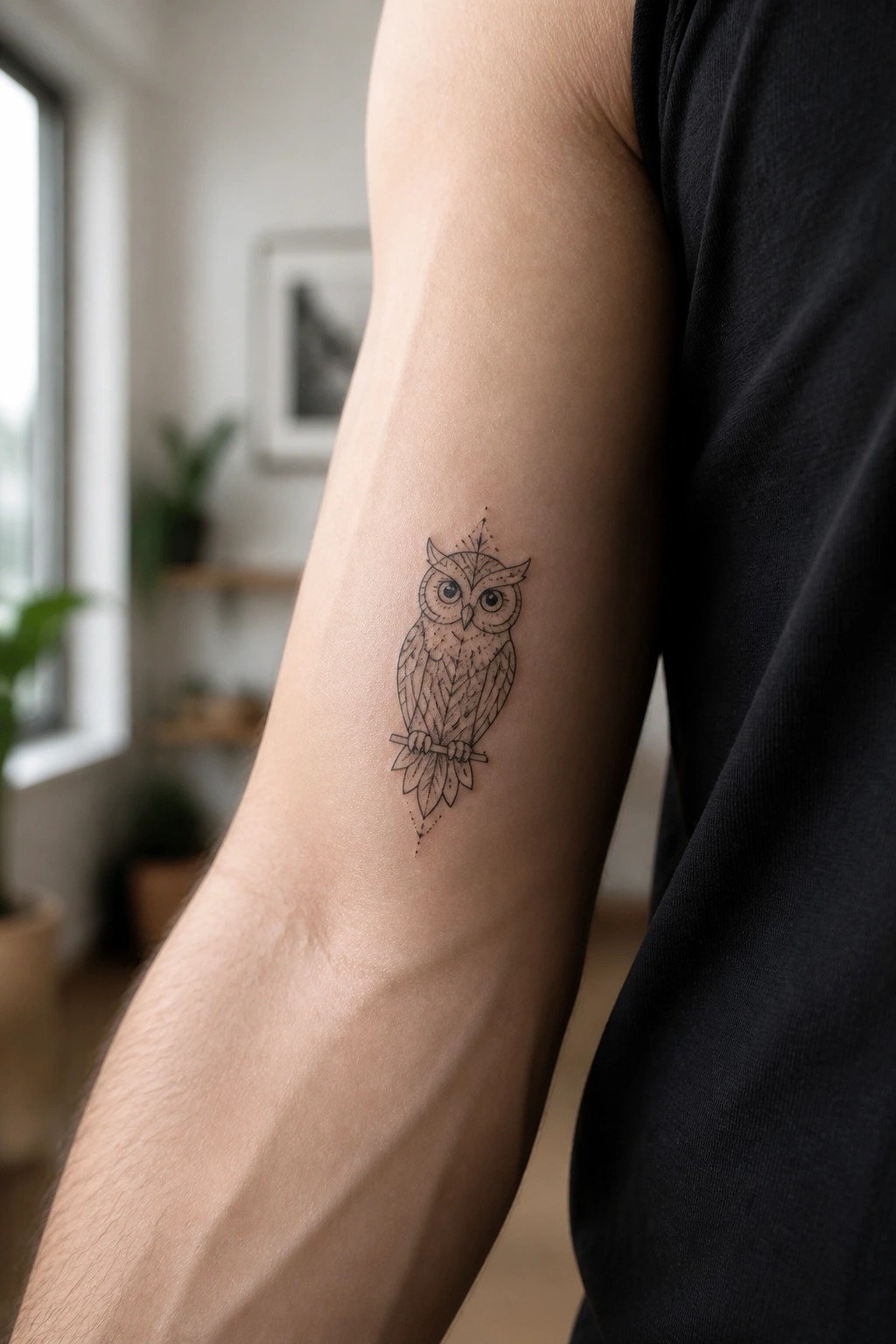 Owl tattoo on upper arm of person wearing black short-sleeve shirt