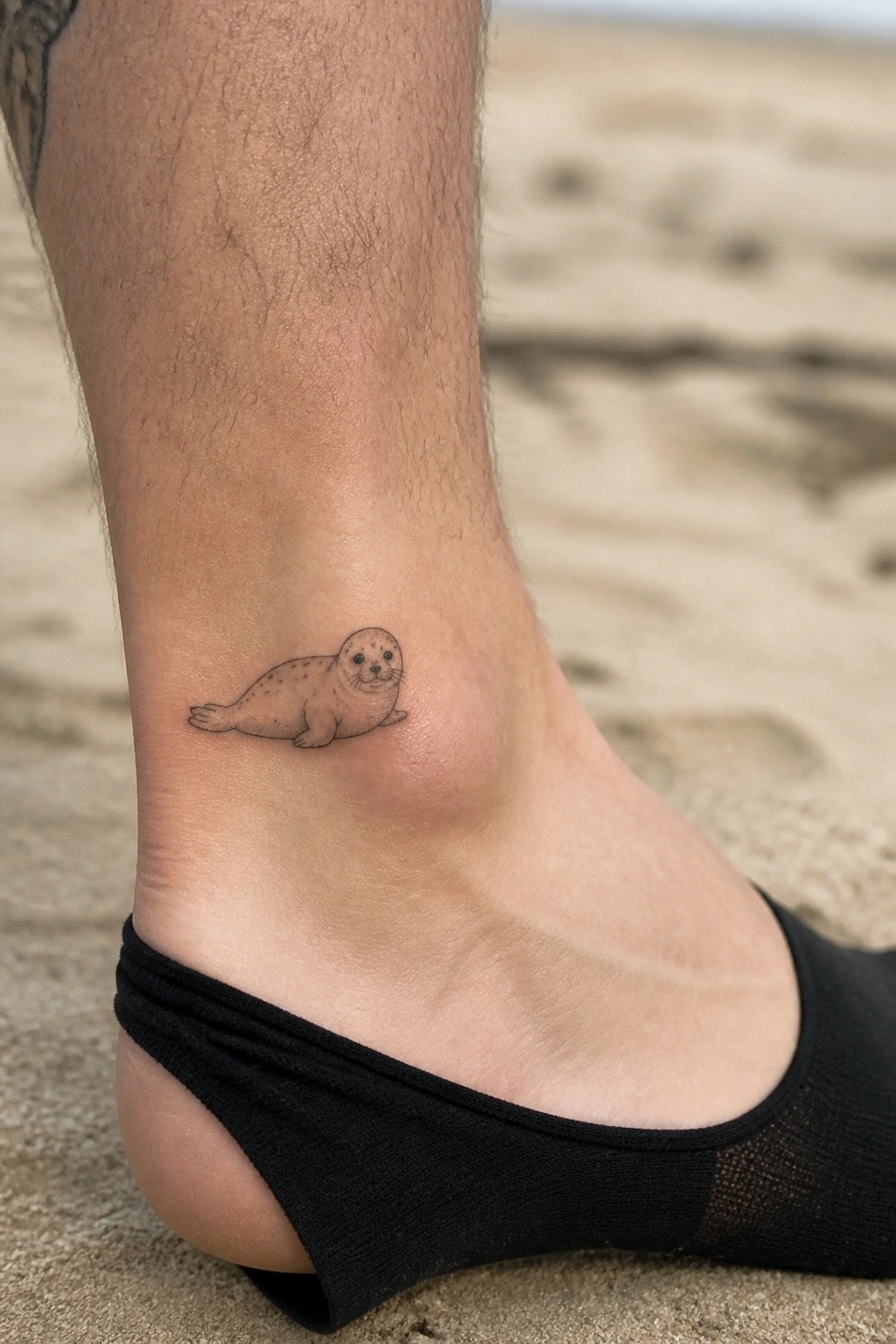 Seal pup tattoo on ankle above black sock on sandy beach.