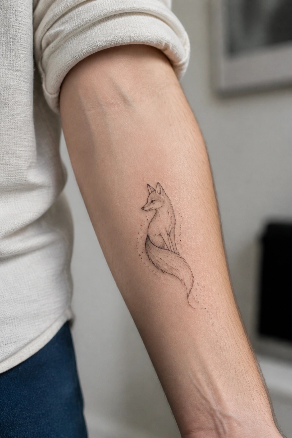 Fine line fox tattoo on forearm below rolled-up white shirt sleeve.