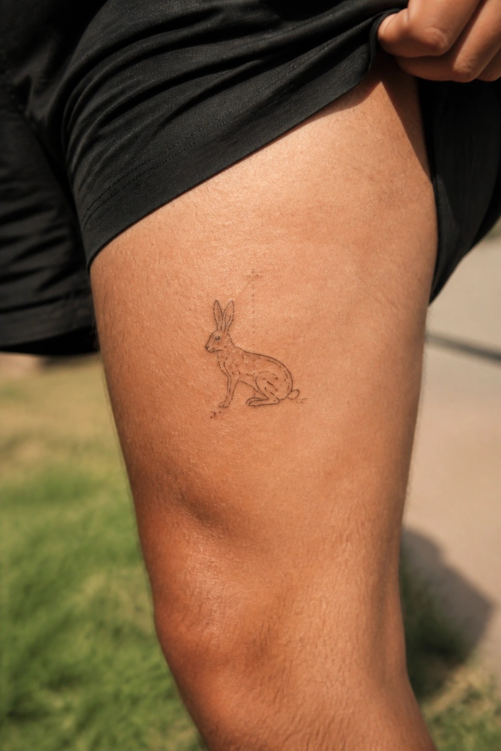 Small fine line tattoo of a sitting hare on the thigh with light shading details.
