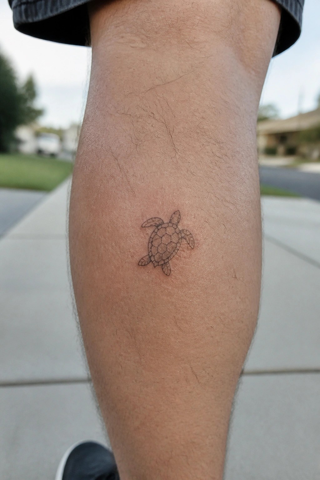 Small fine line sea turtle tattoo on a man's lower leg