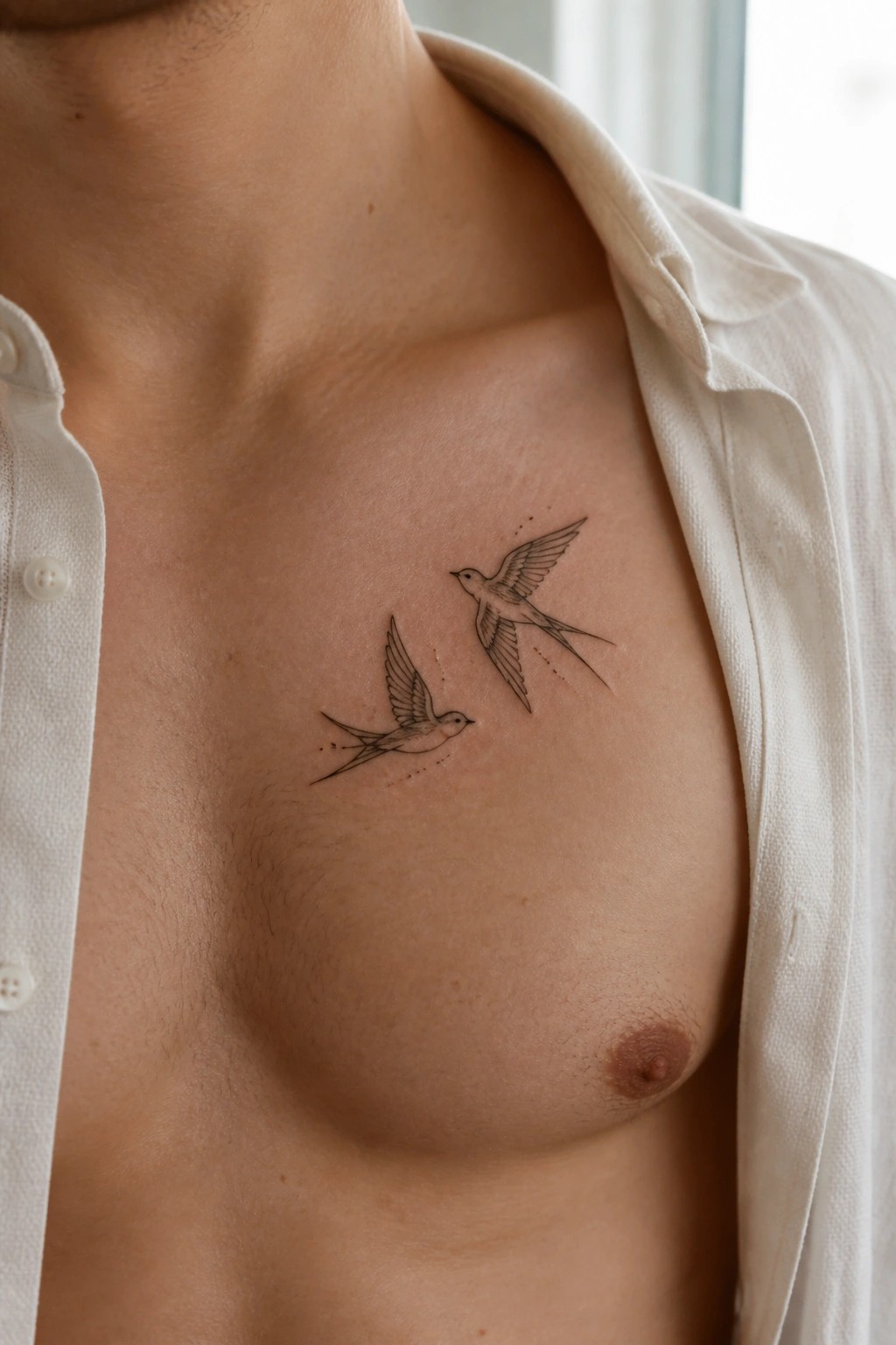 Man's chest with open white shirt and two swallow tattoos