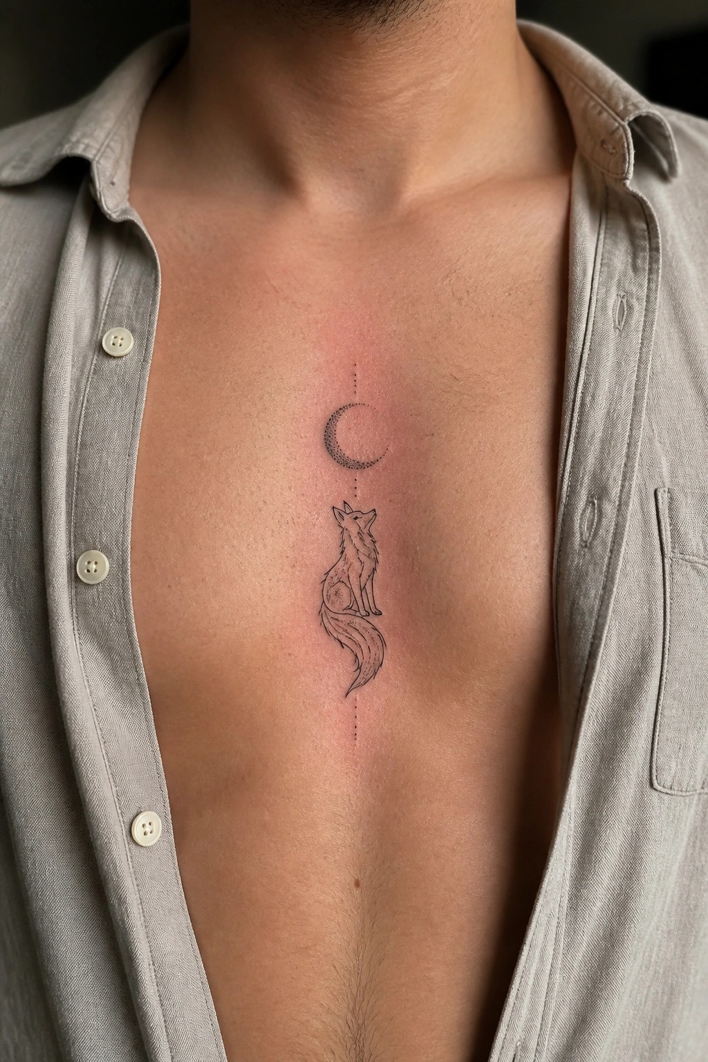 Open beige shirt revealing chest tattoo of wolf under crescent moon