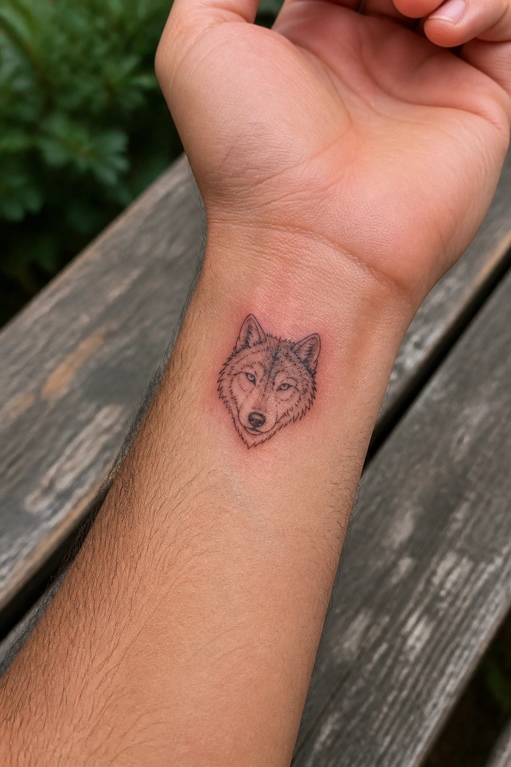 Wolf head tattoo on inner wrist above wooden planks with green foliage