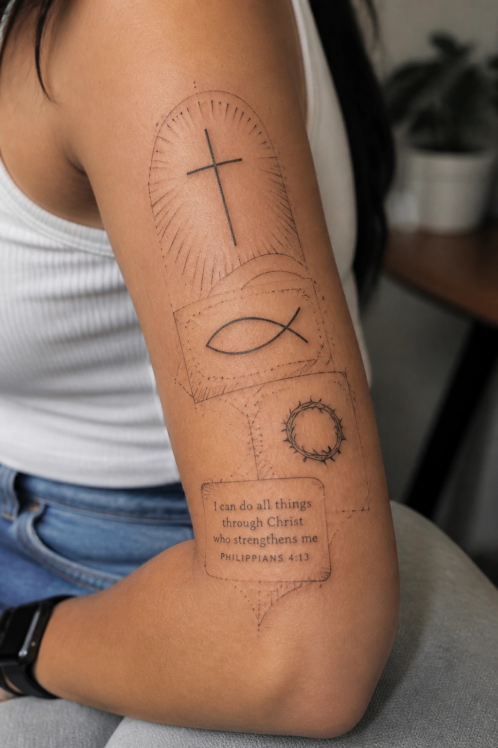 Fine line patchwork tattoo on upper arm showing a cross with rays, fish symbol, crown of thorns, and Philippians 4:13 verse arranged vertically.
