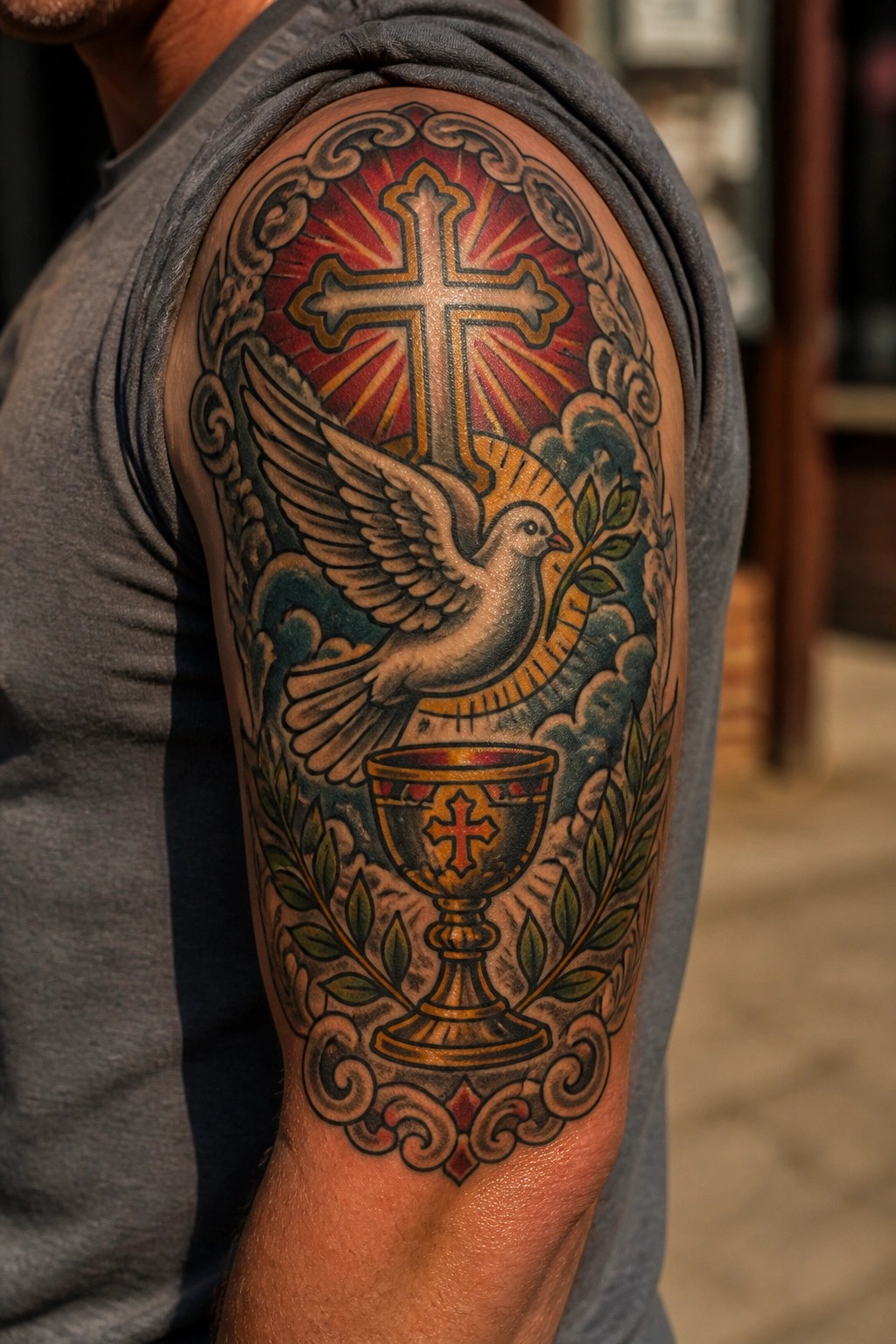 Man's gray shirt sleeve with ornate tattoo of cross, dove, and chalice