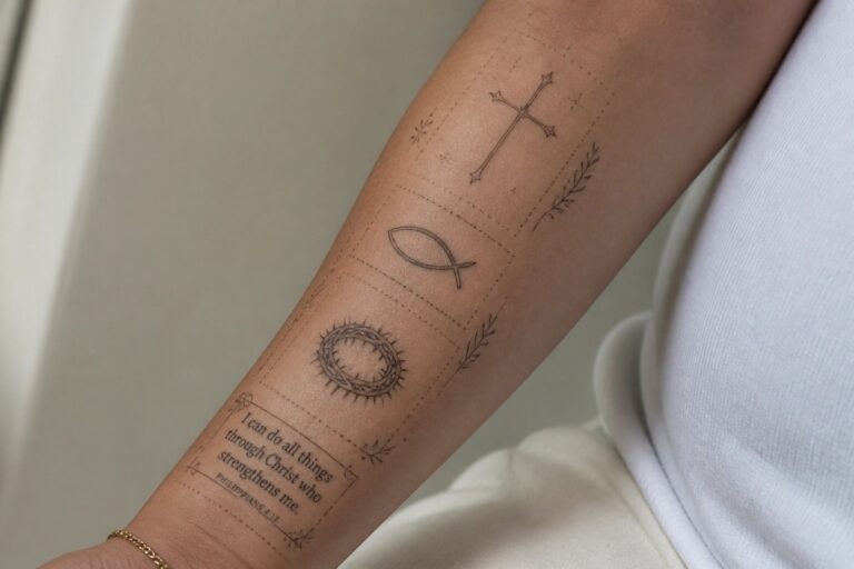 21 Creative Christian Patchwork Tattoos to Build a Cohesive Faith Sleeve Fine line patchwork tattoo on upper arm showing a cross with rays, fish symbol, crown of thorns, and Philippians 4:13 verse arranged vertically.
