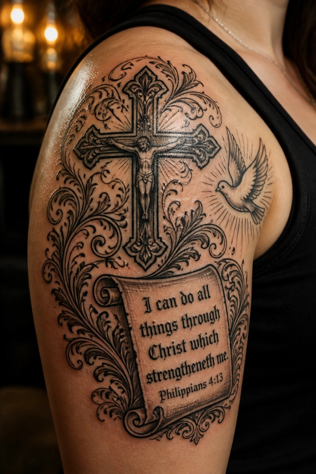 Black and grey tattoo on the upper arm with a central crucifix, flying dove, and Philippians 4:13 verse scroll framed by ornate filigree.