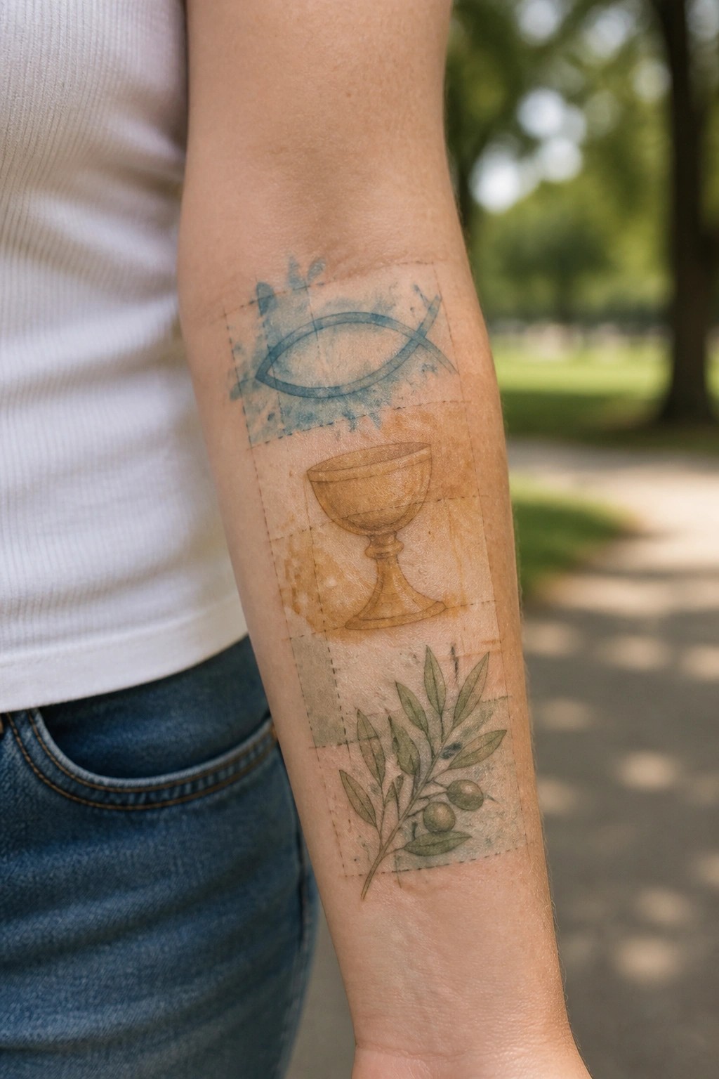 Tattooed forearm with blue fish, brown chalice, and green olive branch designs