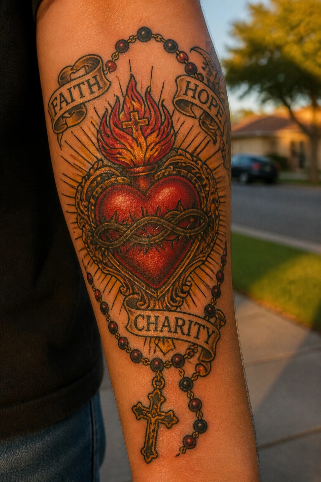 Colorful sacred heart tattoo on arm with faith hope charity banners and rosary.