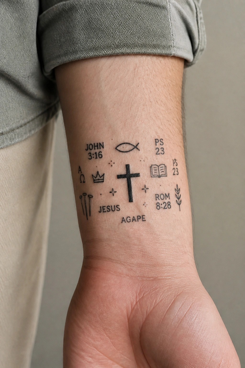 Close-up of an inner forearm showing a cluster of small Christian symbols including a cross, fish, nails, crown, book, and wheat with bible verse text.