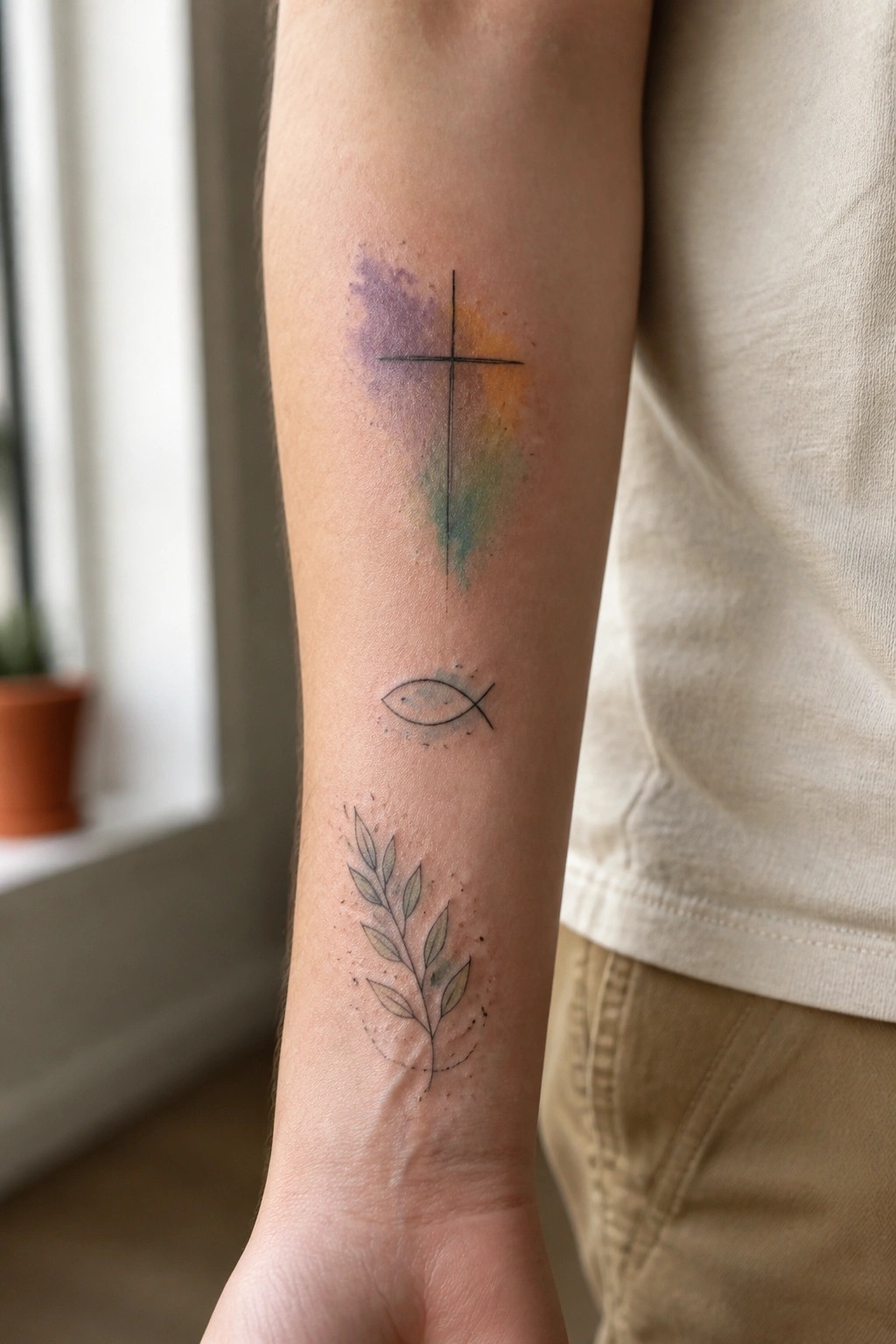Arm with rainbow watercolor cross, fish symbol, and leafy branch tattoos on skin.