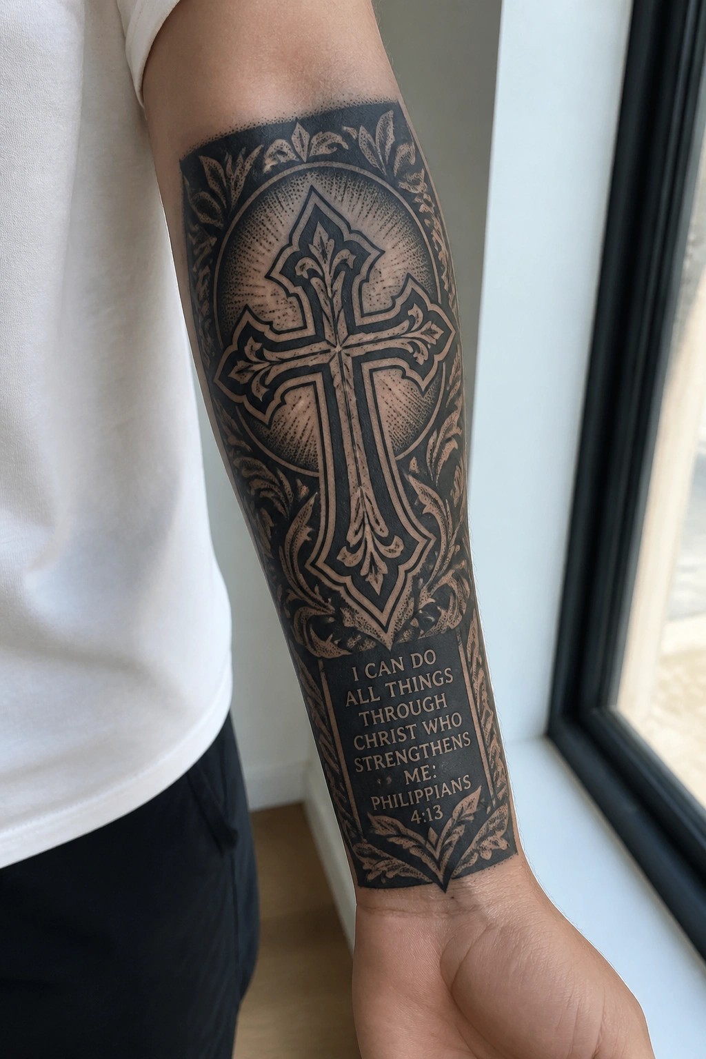 Large ornate cross tattoo on the inner forearm with a Philippians 4:13 verse banner at the bottom in black and gray shading.