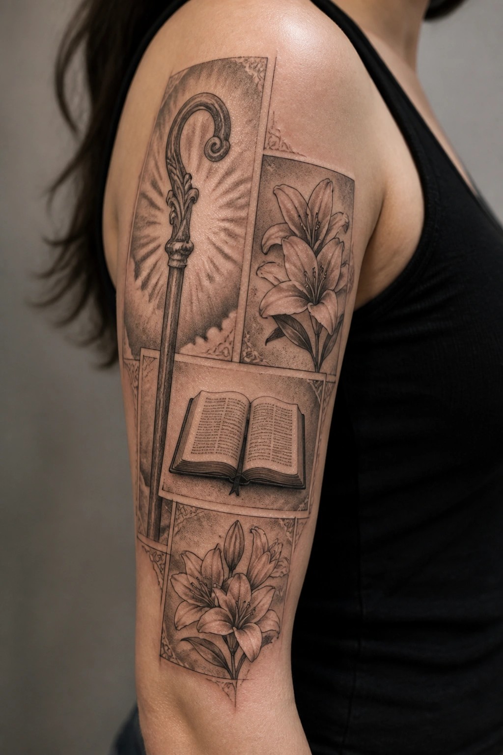Black and gray tattoo on upper arm with crozier, open book, and lilies in panels.