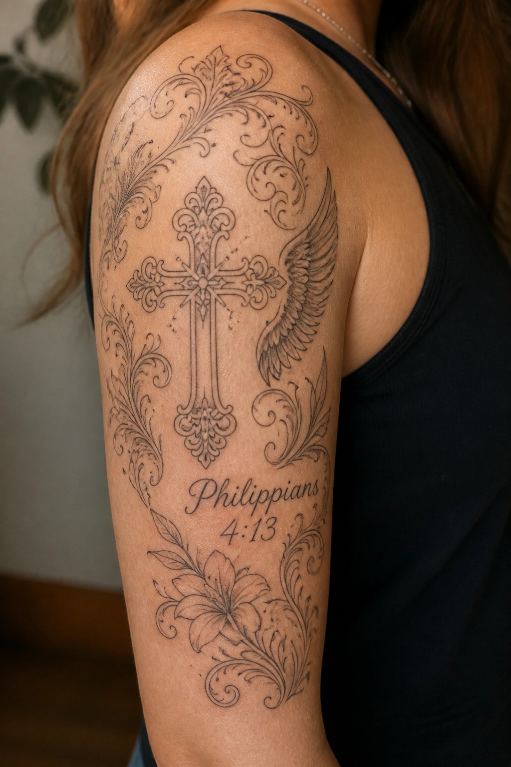 Ornate winged cross tattoo with florals and Philippians 4:13 on shoulder in black tank top