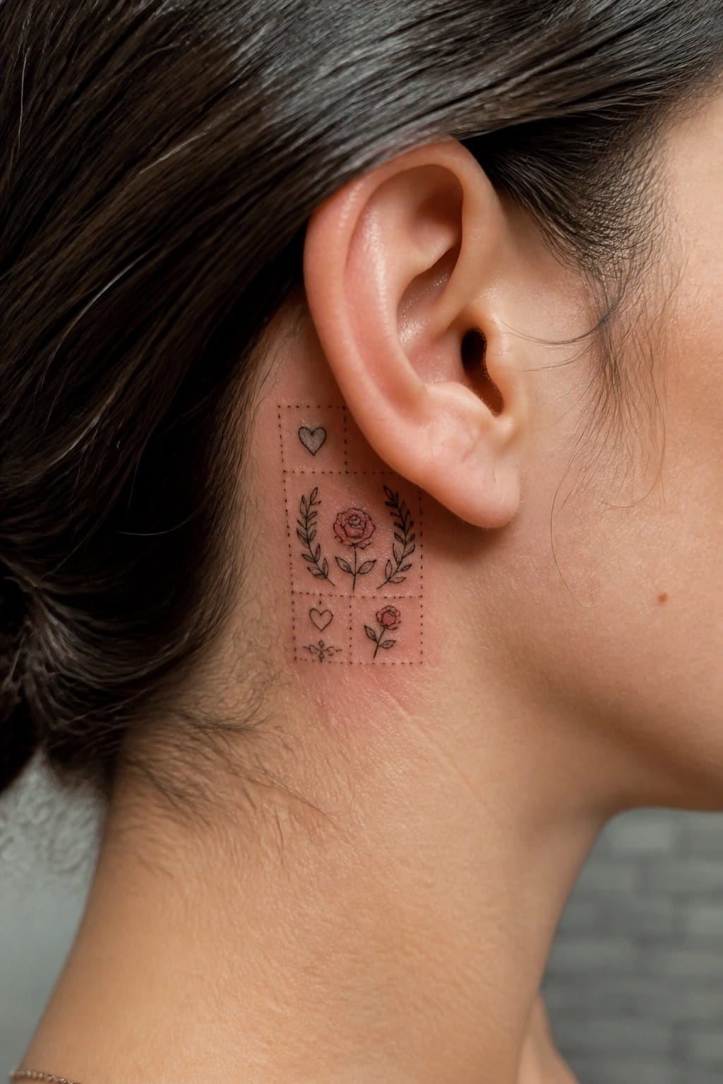 Small tattoo with pink roses, hearts and leaves in grid behind ear