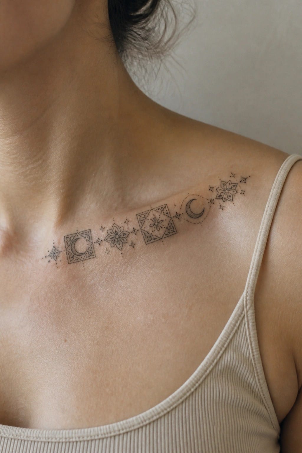 Fine line tattoo running along the collarbone with framed moons, flowers, and stars connected by dots