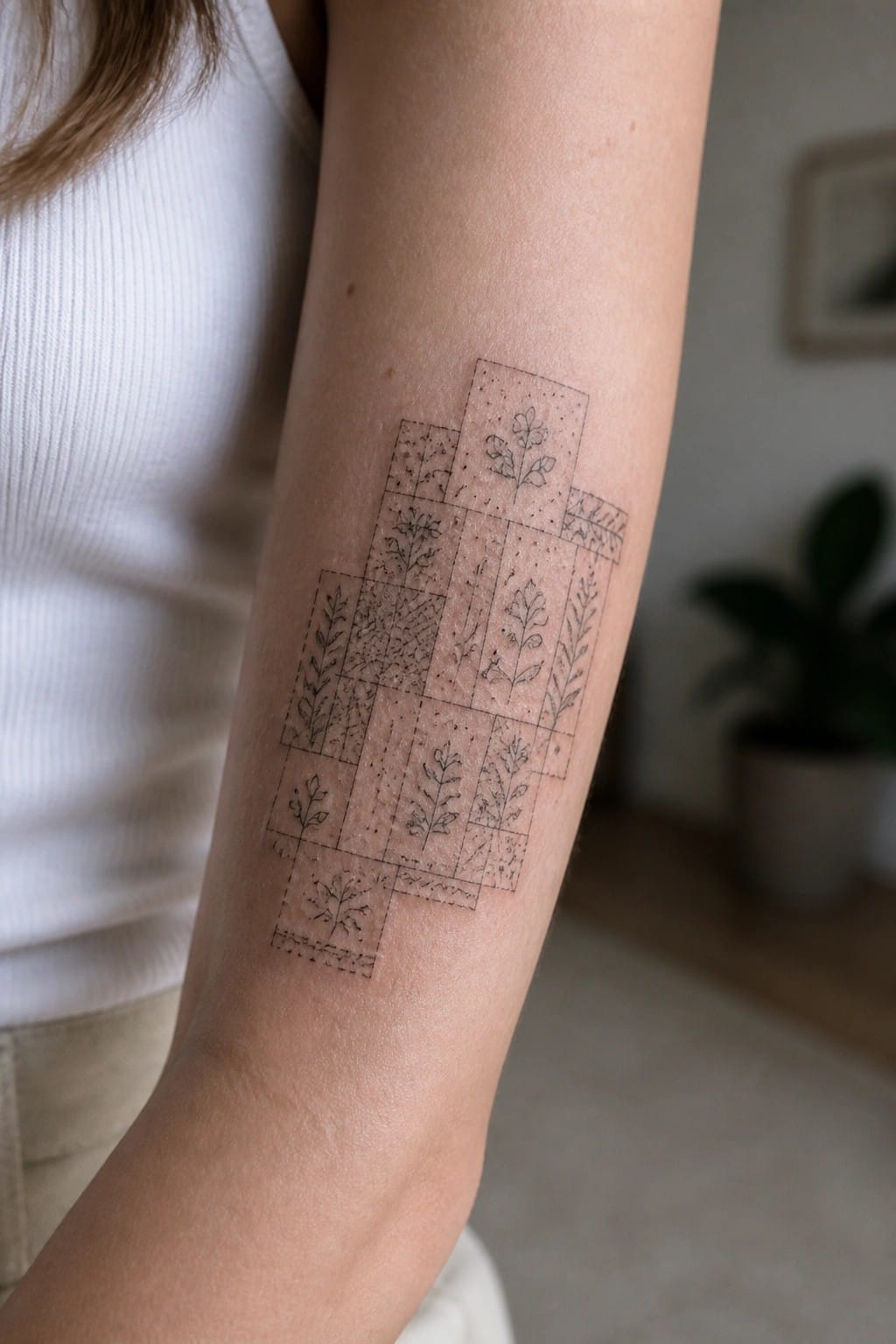Person's forearm with black ink patchwork tattoo of botanical plant designs.