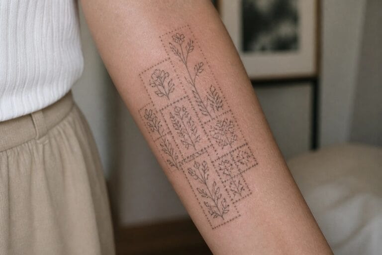 Person's forearm with black ink patchwork tattoo of botanical plant designs.