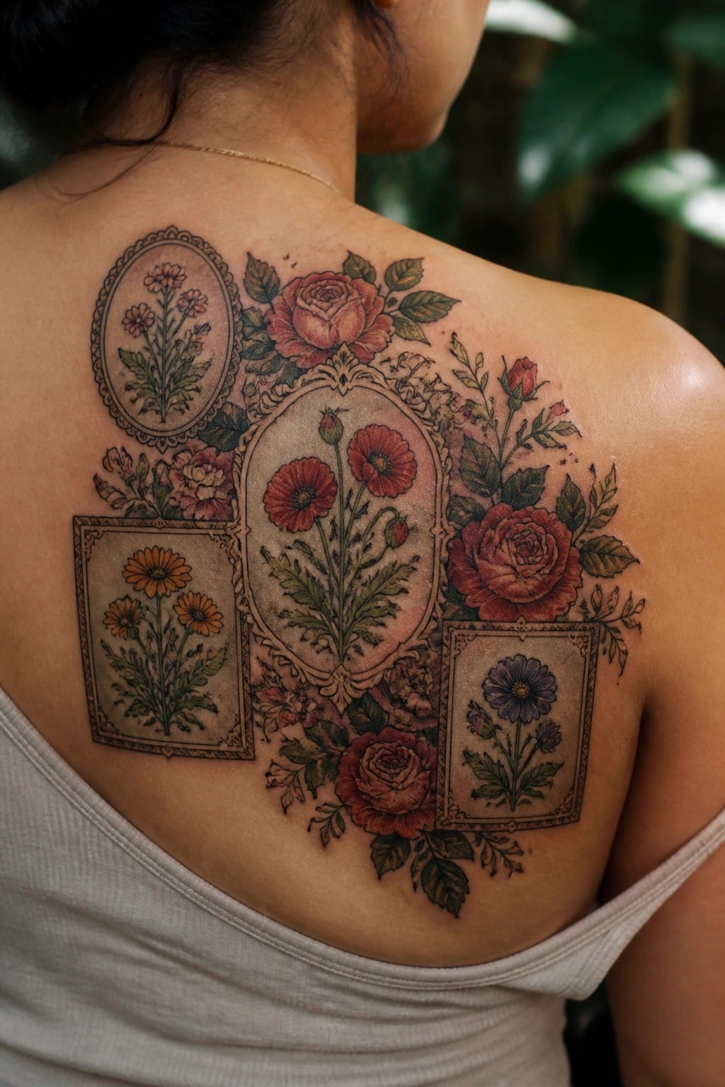 Ornate floral tattoo with roses and poppies in frames on woman's back