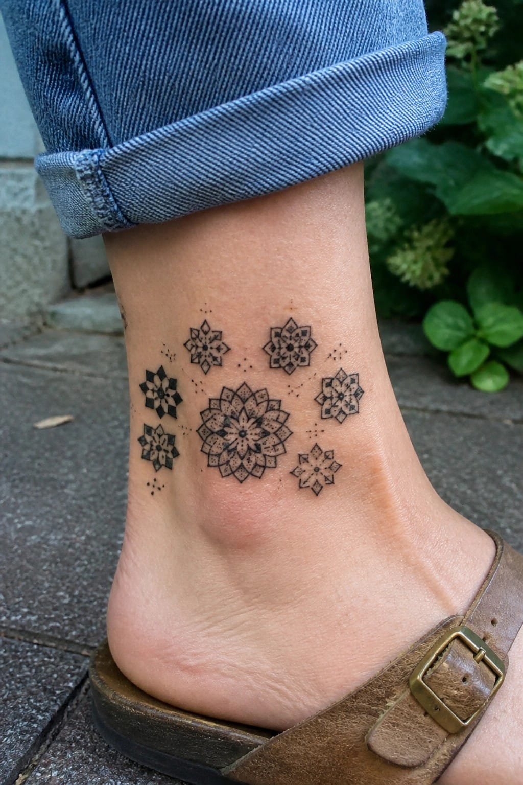 Small black mandala tattoos of varying sizes arranged loosely on the outer ankle with dot accents.
