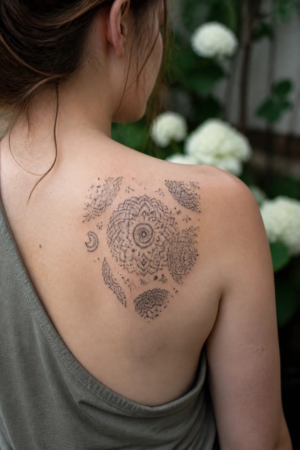 Woman's upper back with large mandala tattoo, wearing gray tank top amid white flowers.