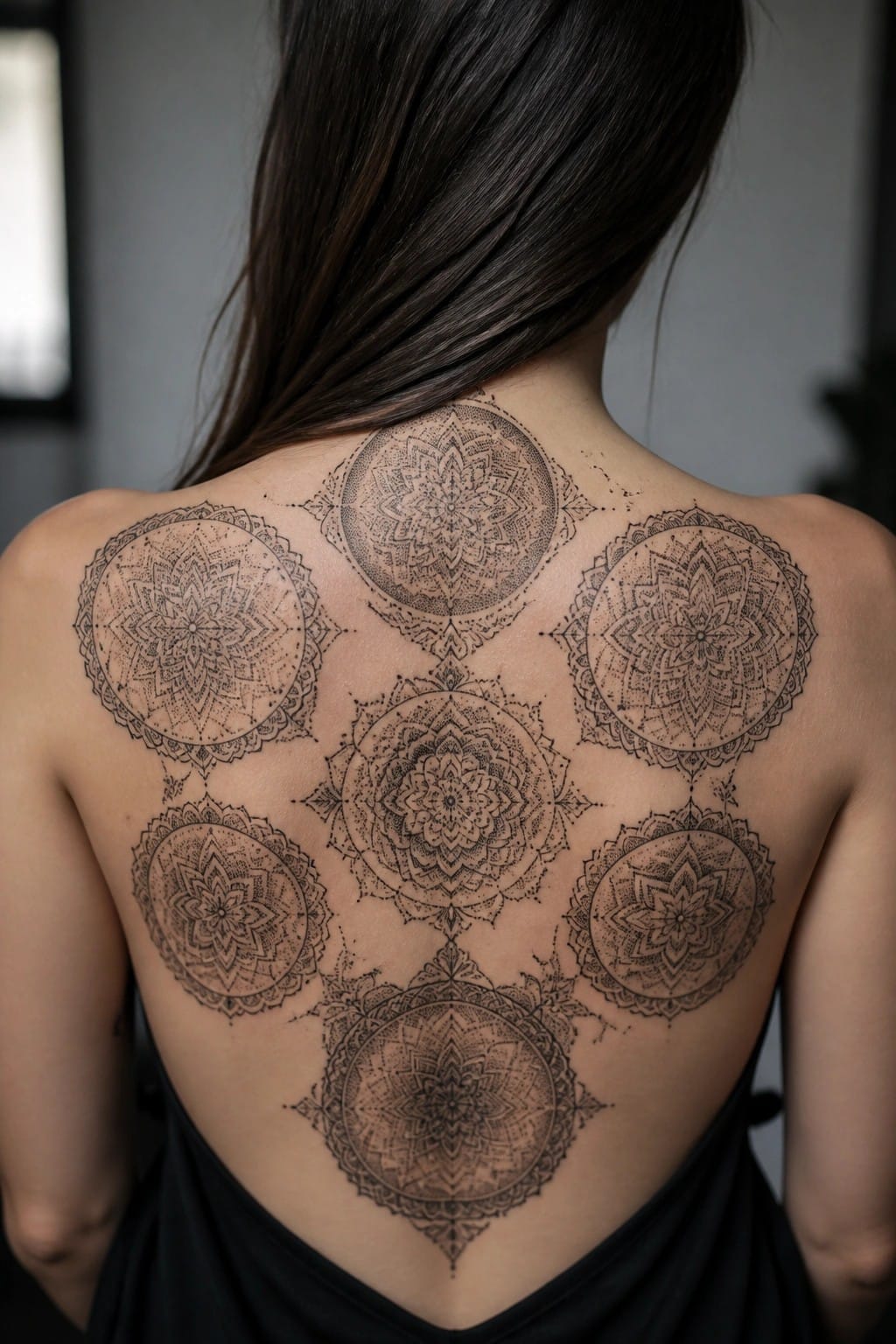 Woman's back with seven symmetrical black mandala tattoos and long dark hair