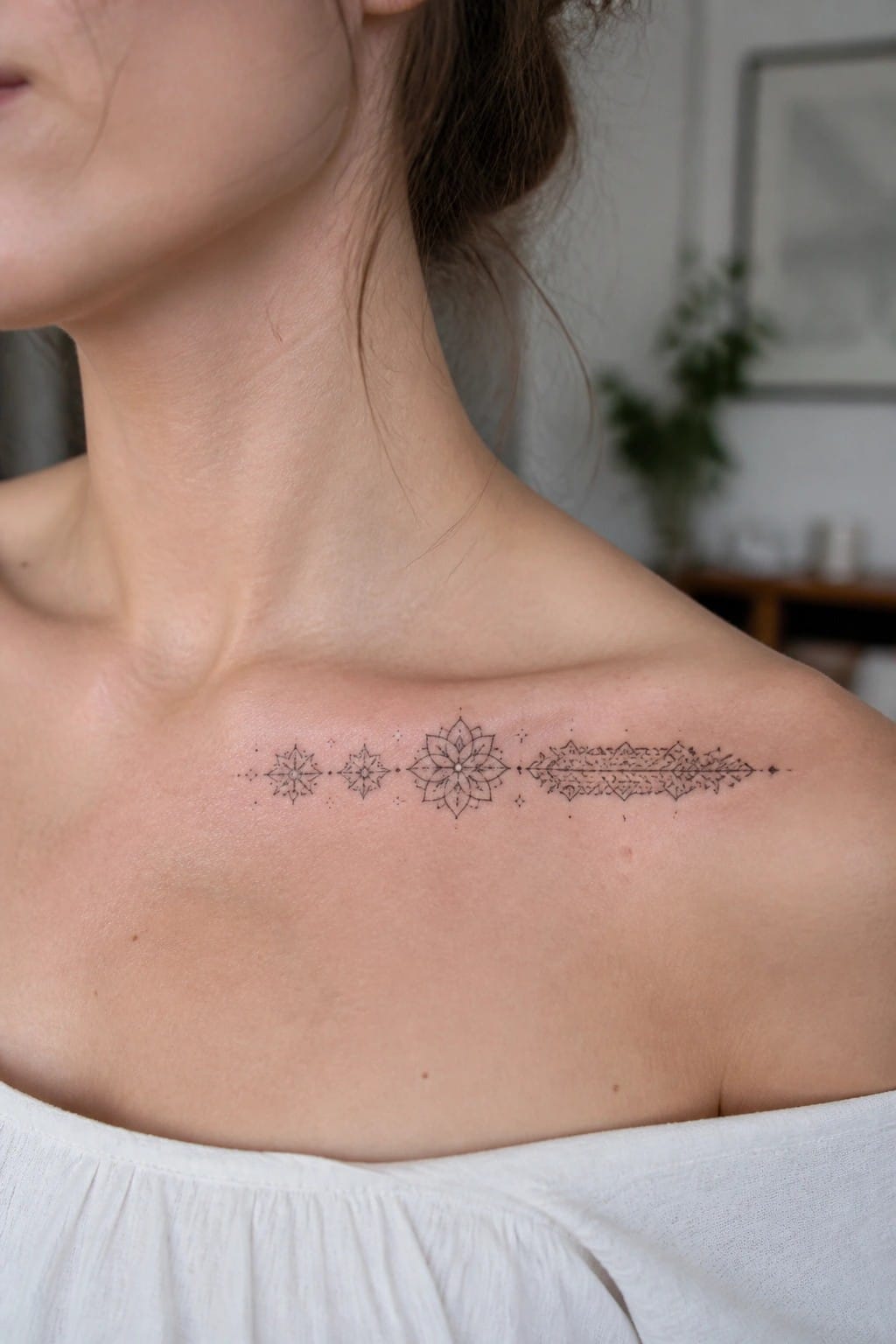 Woman's collarbone with delicate black mandala and geometric tattoo over white top