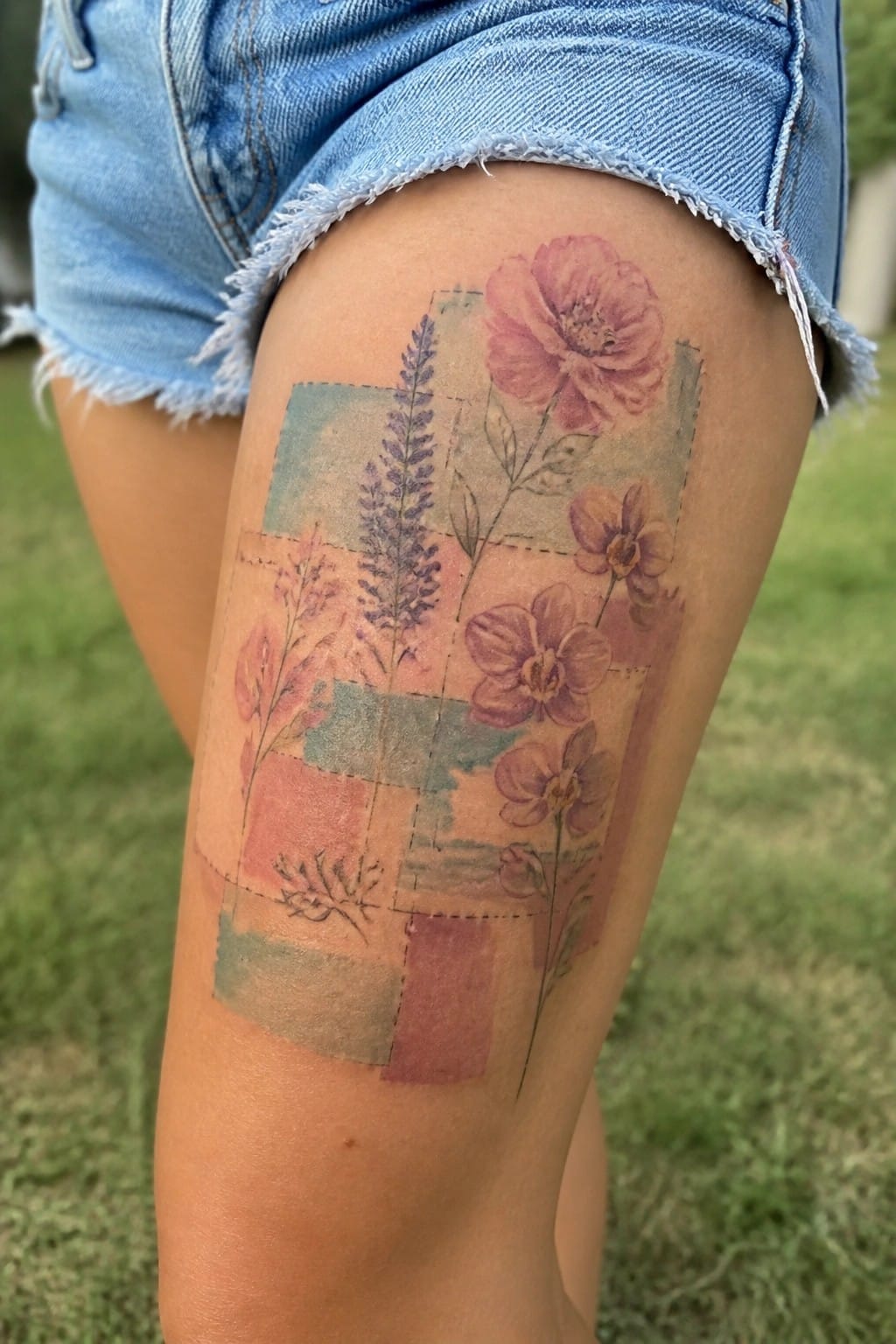 A medium sized patchwork floral tattoo on the thigh with stitched borders and watercolor flowers in soft pink and purple tones.