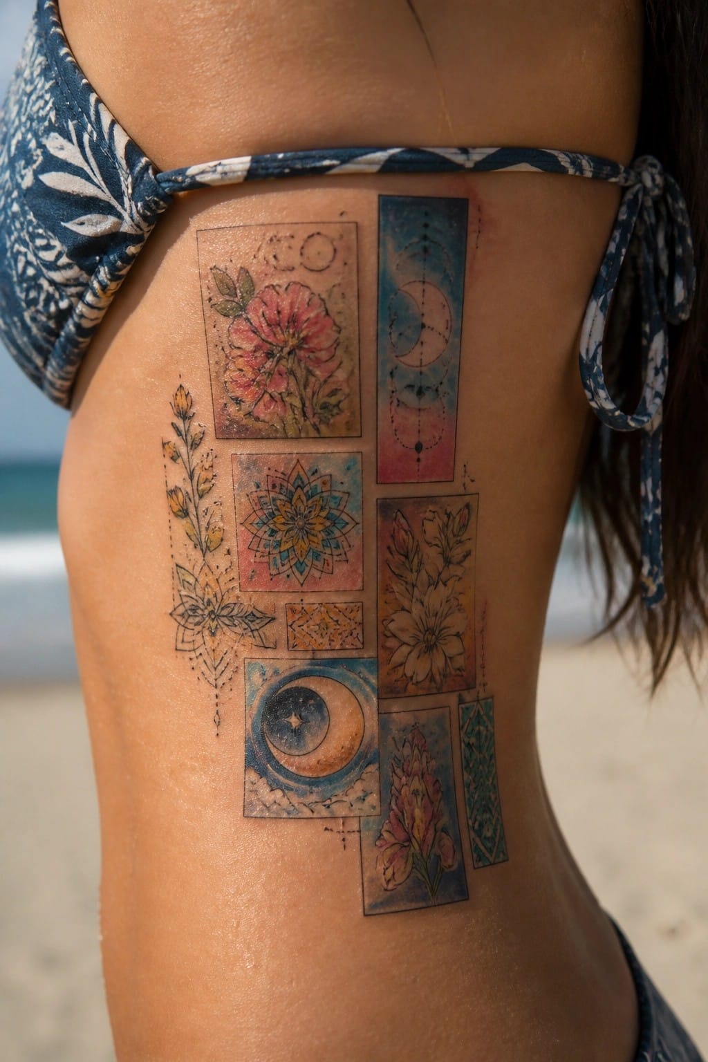 Colorful floral, mandala, and celestial tattoos on a woman's side by the beach