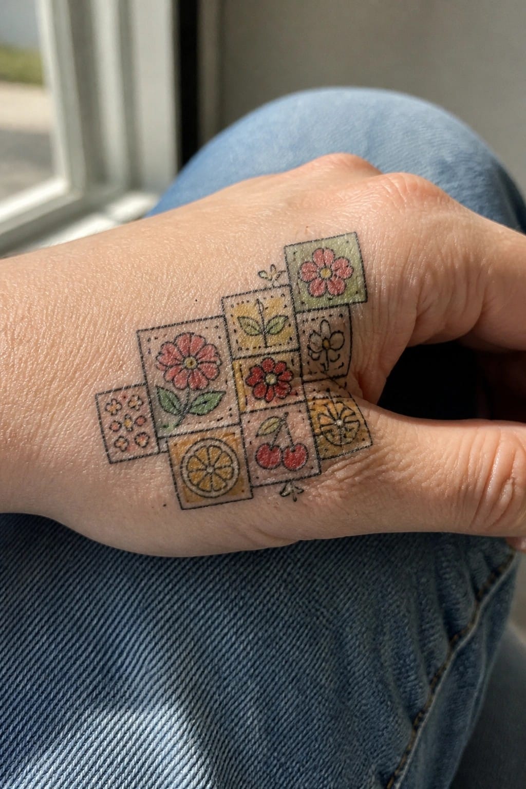 Close up of a hand showing small colorful patchwork tattoo squares with flowers, cherries, and citrus slices on the back near the thumb.