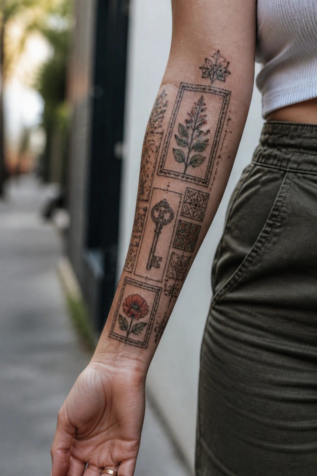 Tattooed forearm with framed flowers, key, and patterns, white top, green pants.