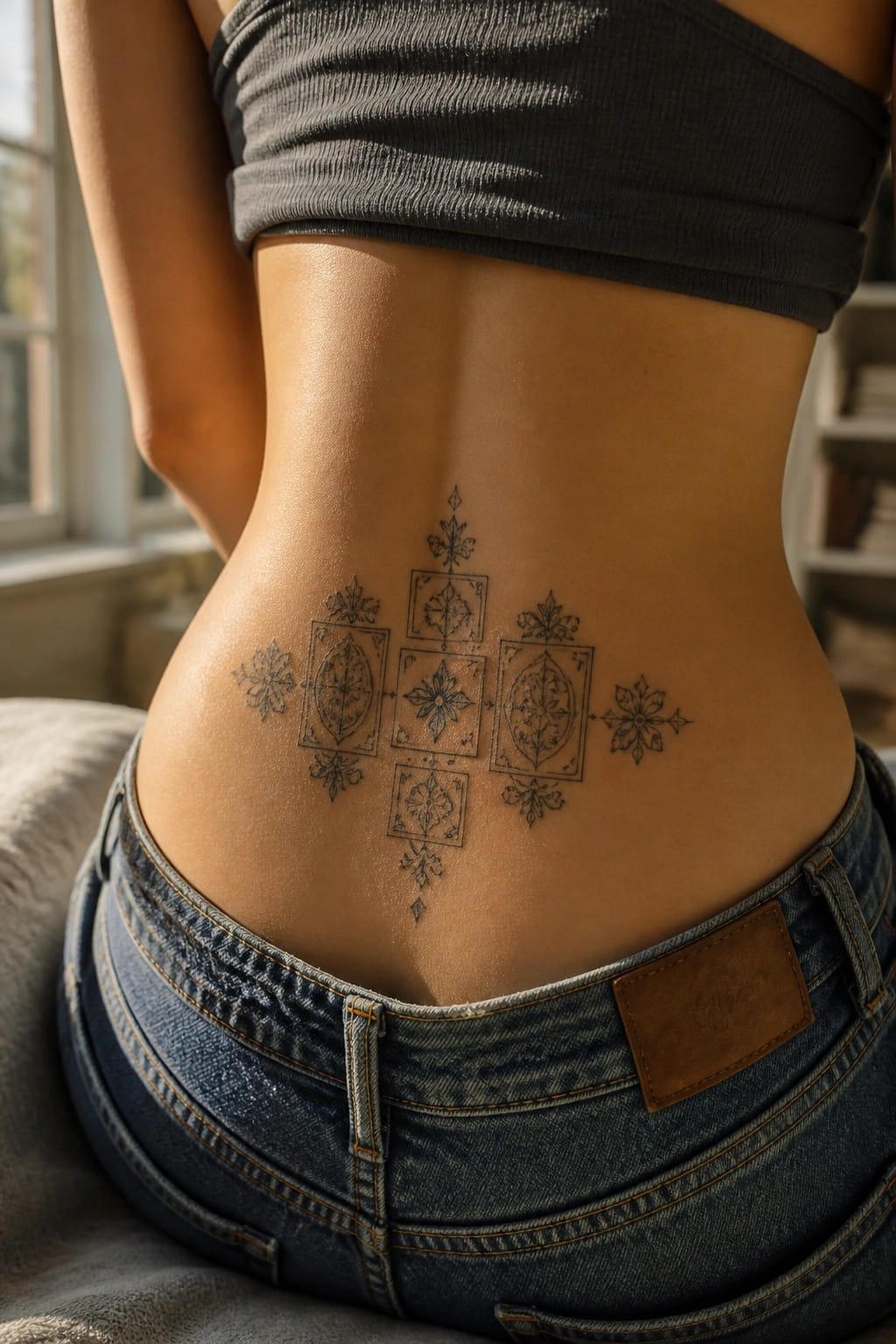 Symmetrical ornate black tattoo on lower back with gray crop top and blue jeans