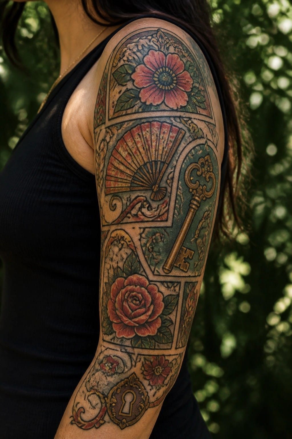 Woman's arm in black tank top with colorful tattoo sleeve of flowers and key