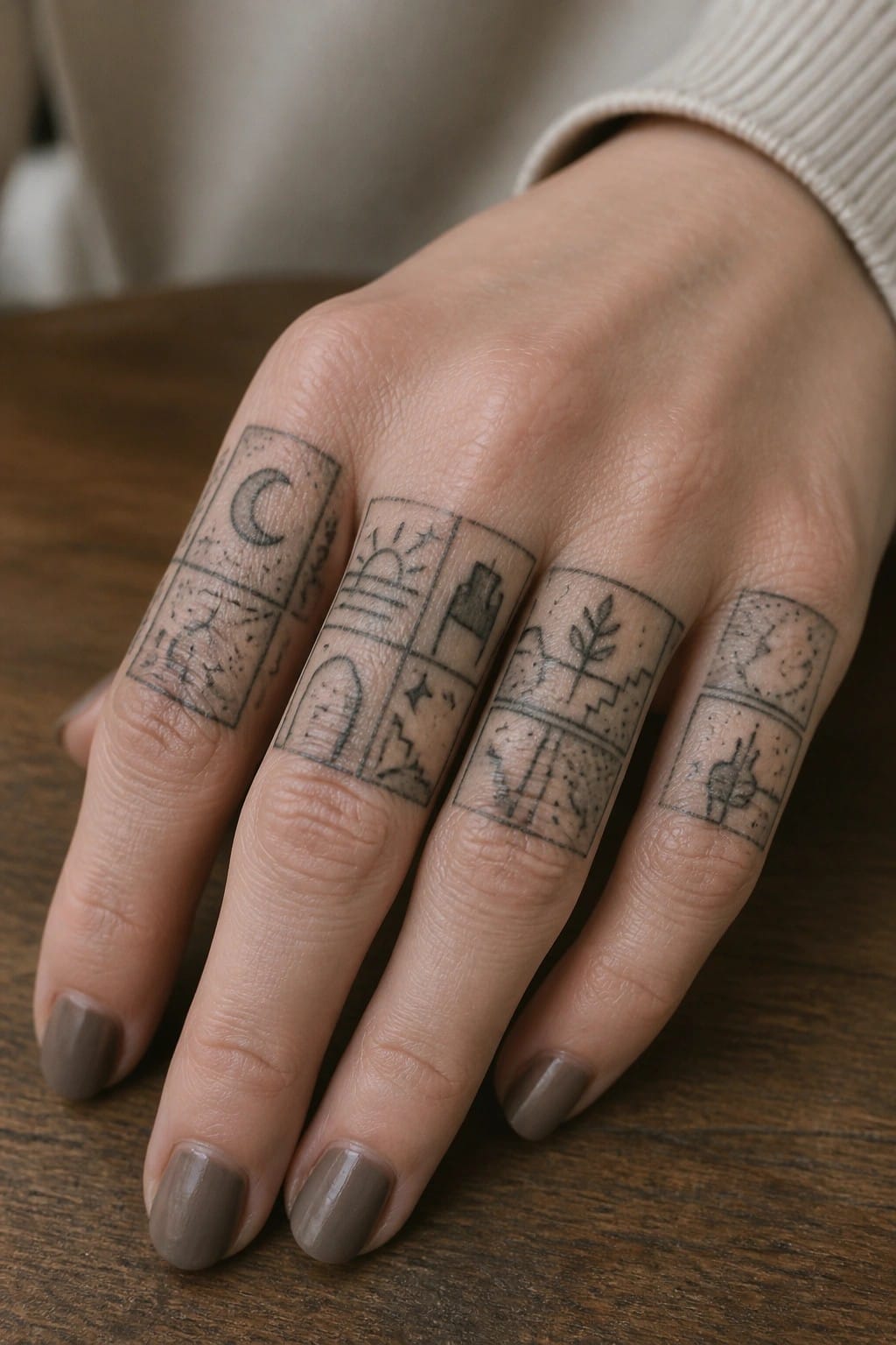 Close up of fingers showing small rectangular patchwork tattoos with moon, sun, mountains, plant, and cactus motifs in fine black lines.