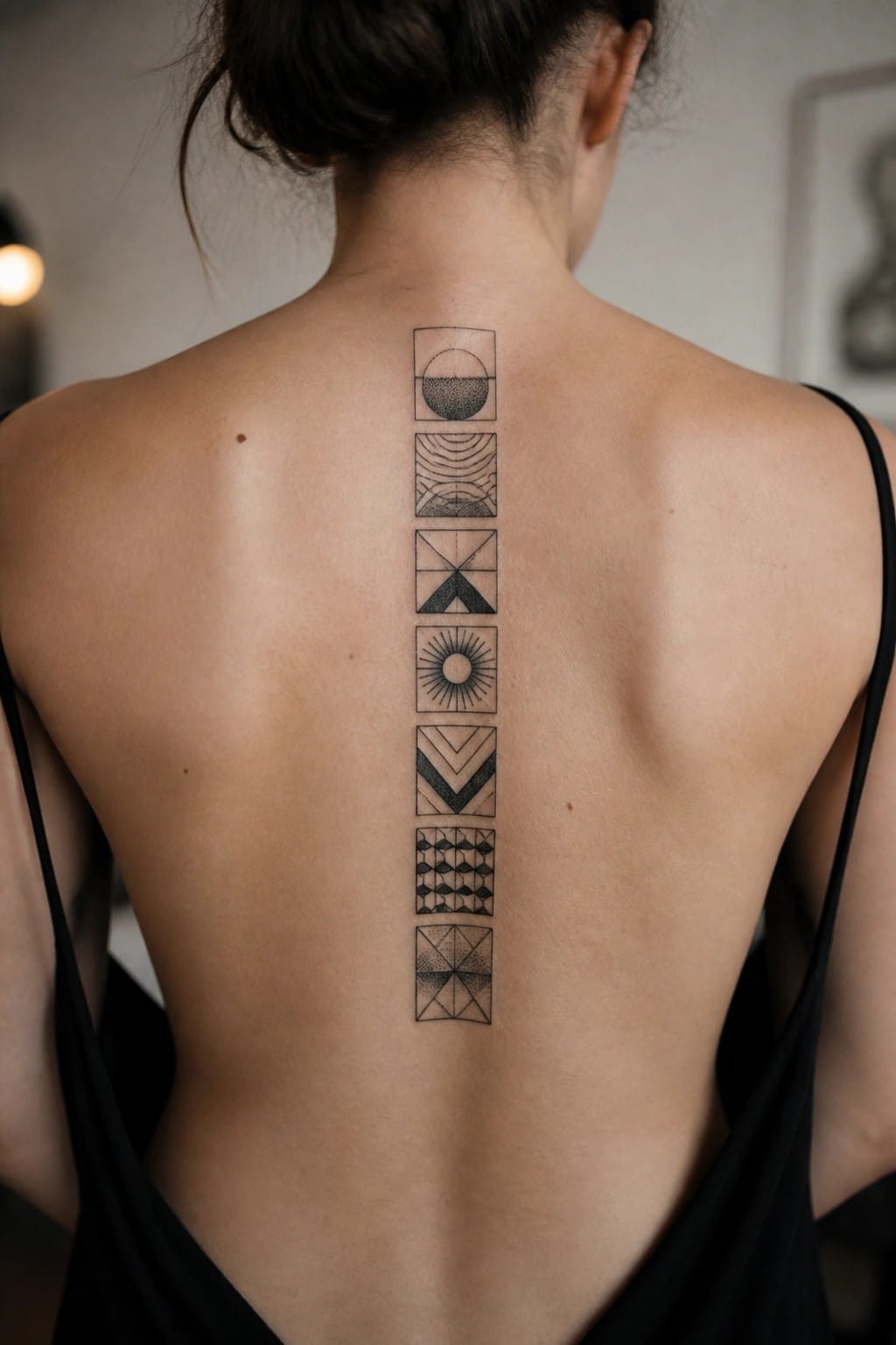 Woman's back with vertical geometric tattoo along spine, black top straps visible.